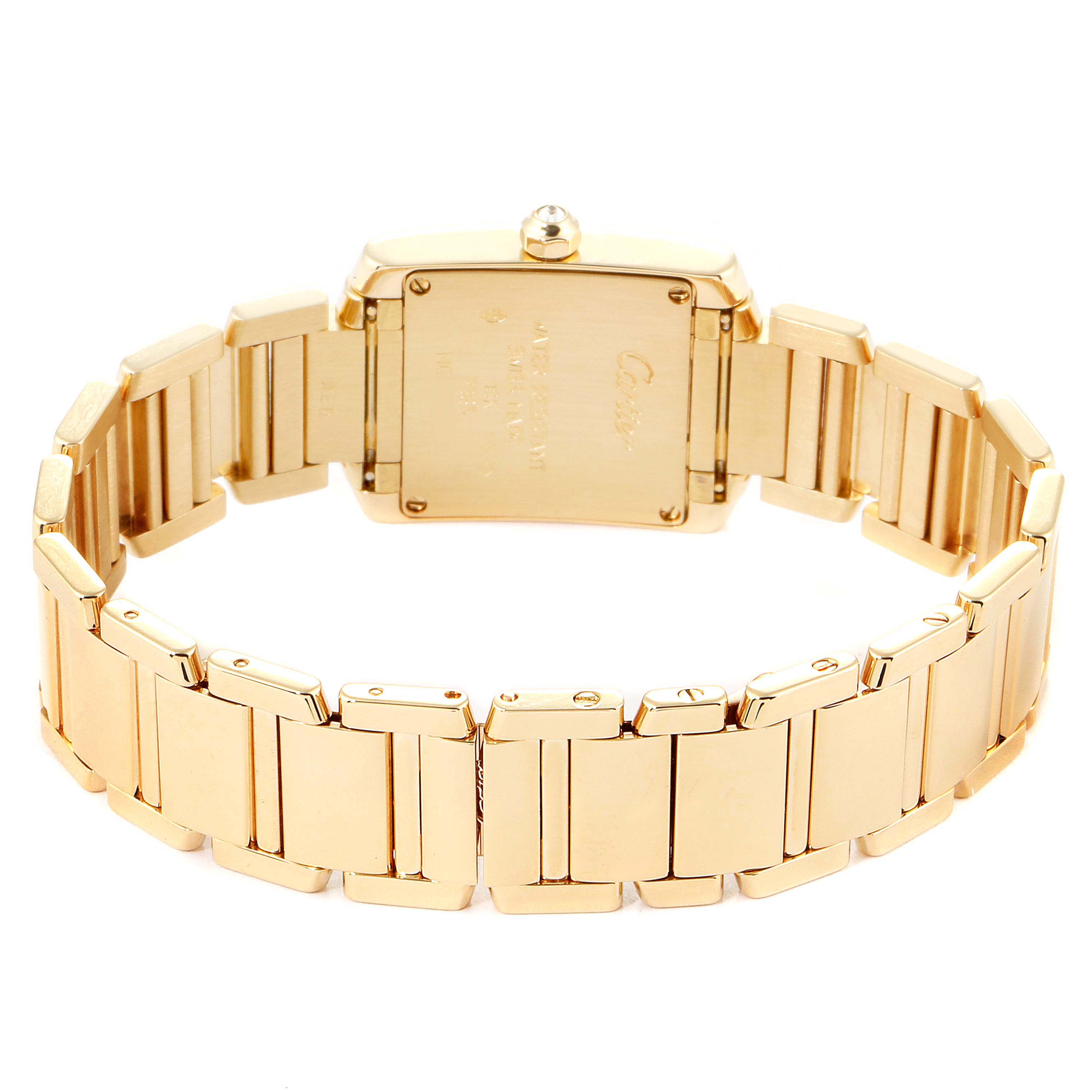 The image displays the back case and bracelet of the Cartier Tank Francaise 2403 Women's Yellow Gold Pink Dial 2403 Women's Yellow Gold Pink Dial watch from an almost straight-on angle.