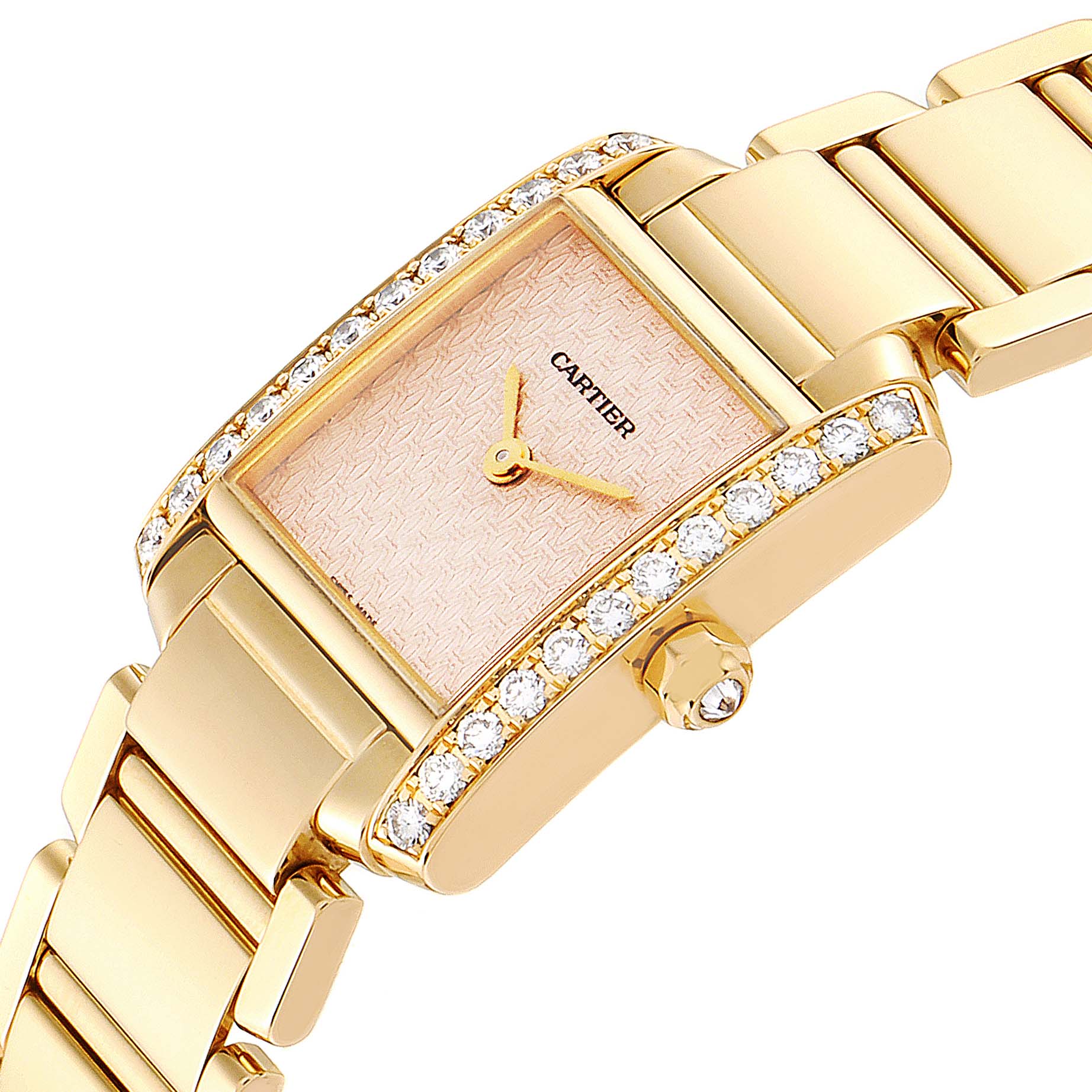This image shows a close-up of the Cartier Tank Francaise 2403 Women's Yellow Gold Pink Dial 2403 Women's Yellow Gold Pink Dial watch, focusing on the dial, case, bracelet, and crown.