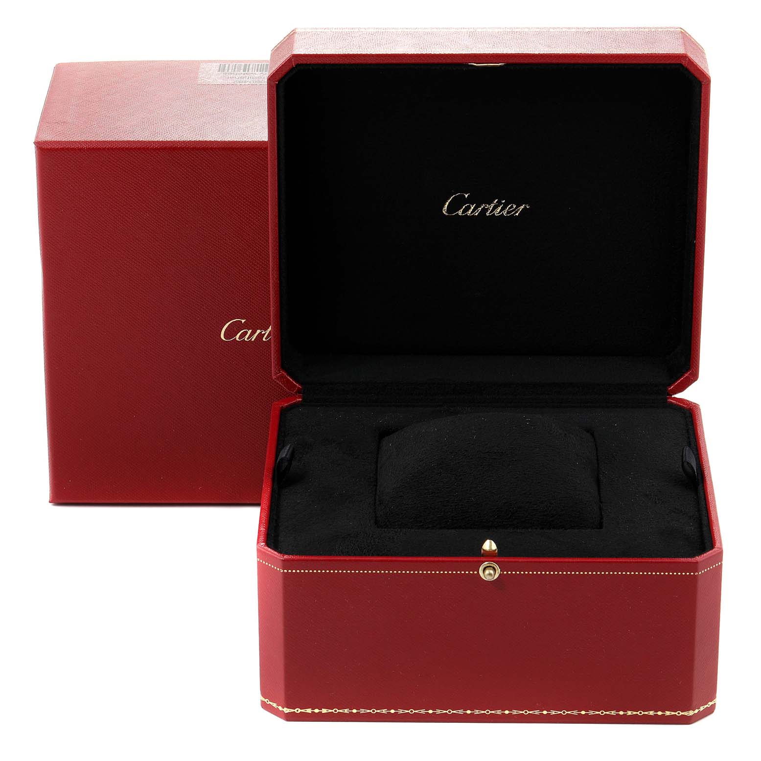 The image shows an open Cartier Tank Francaise 2403 Women's Yellow Gold Pink Dial 2403 Women's Yellow Gold Pink Dial watch box with a cushion, presented at a frontal angle.