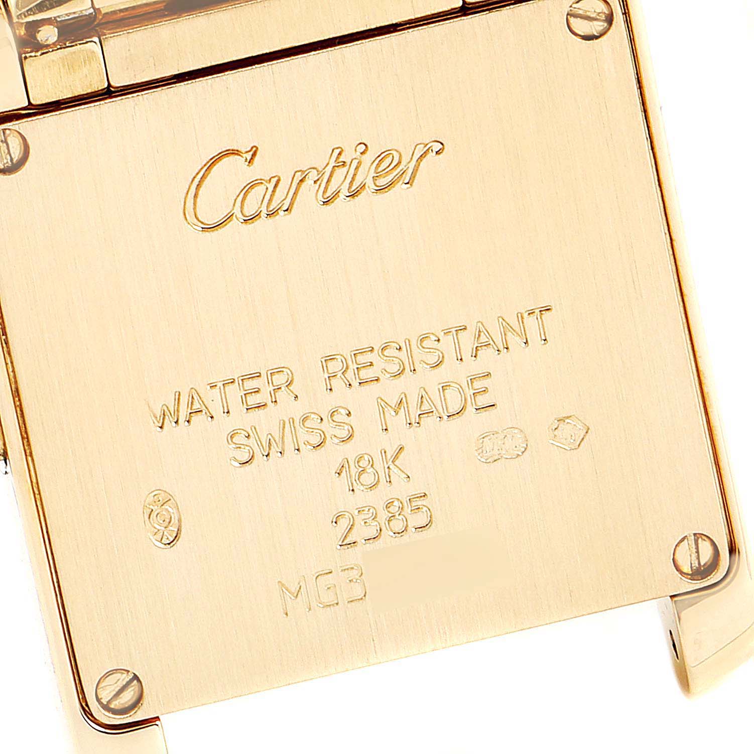 The image shows the back case of a Cartier Tank Française watch, highlighting the brand, model, and specifications.