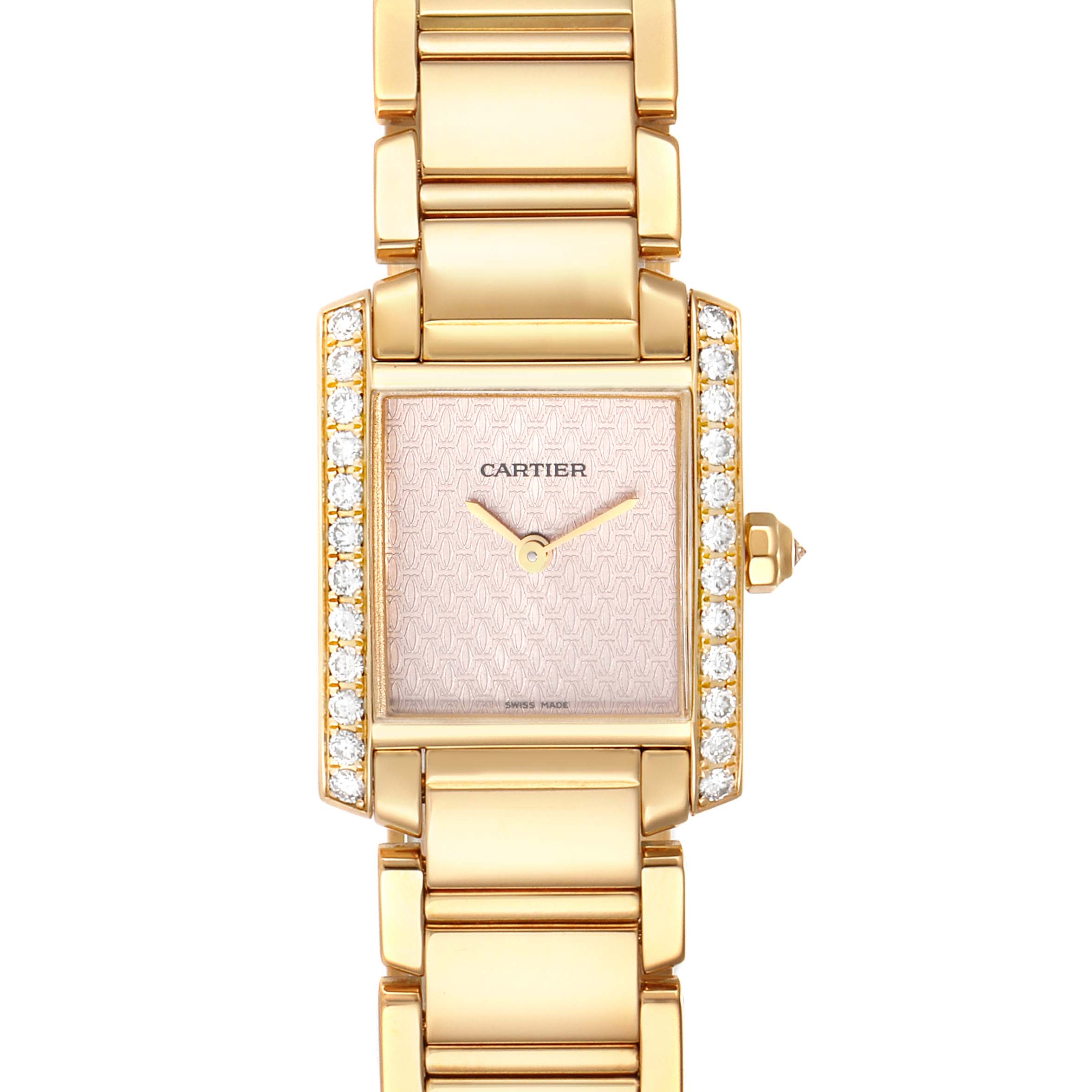The image shows a front view of a Cartier Tank Francaise 2403 Women's Yellow Gold Pink Dial 2403 Women's Yellow Gold Pink Dial watch, displaying the face, crown, and part of the bracelet.