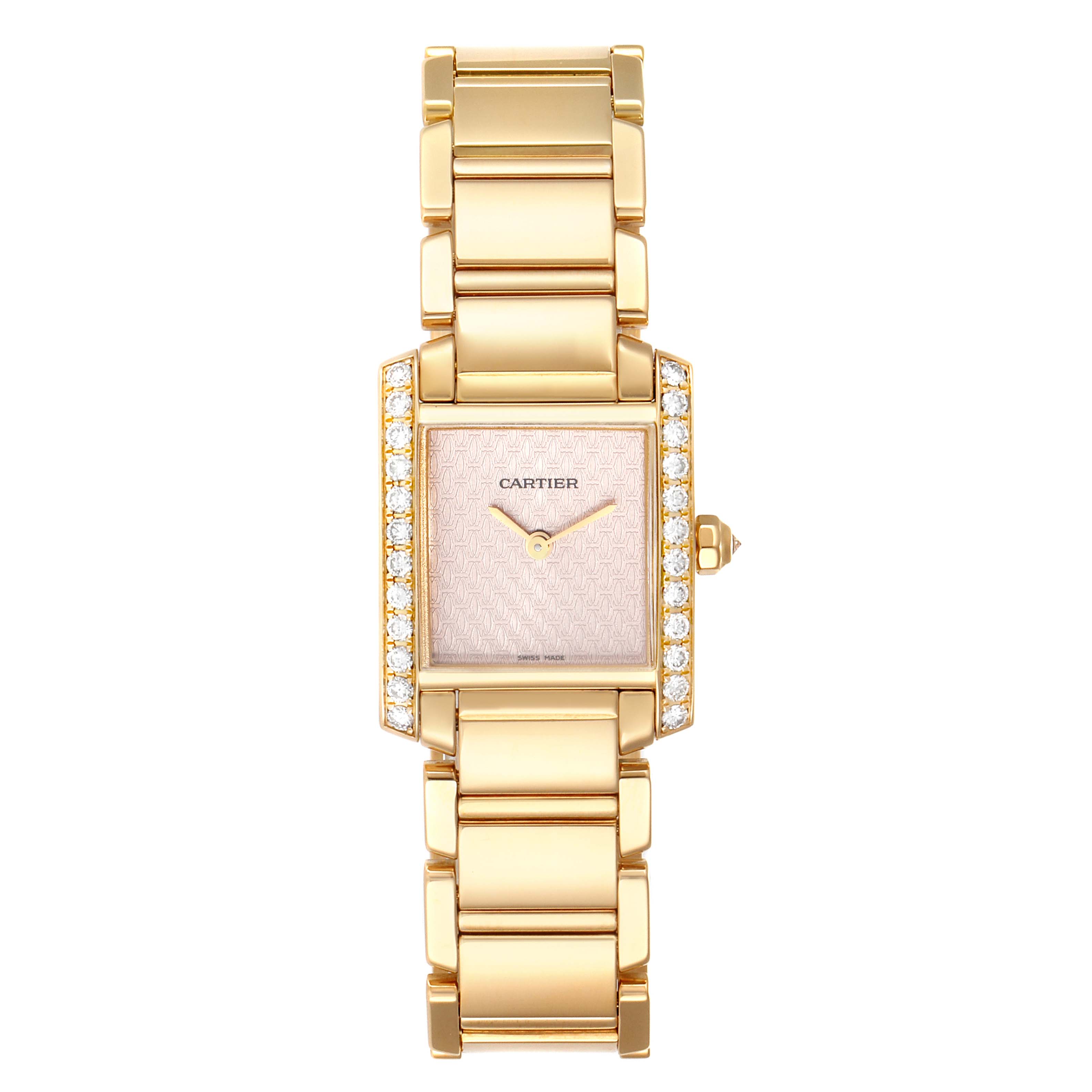 This Cartier Tank Francaise 2403 Women's Yellow Gold Pink Dial 2403 Women's Yellow Gold Pink Dial model watch is shown from a top-down angle, displaying its face, band, and side crown.