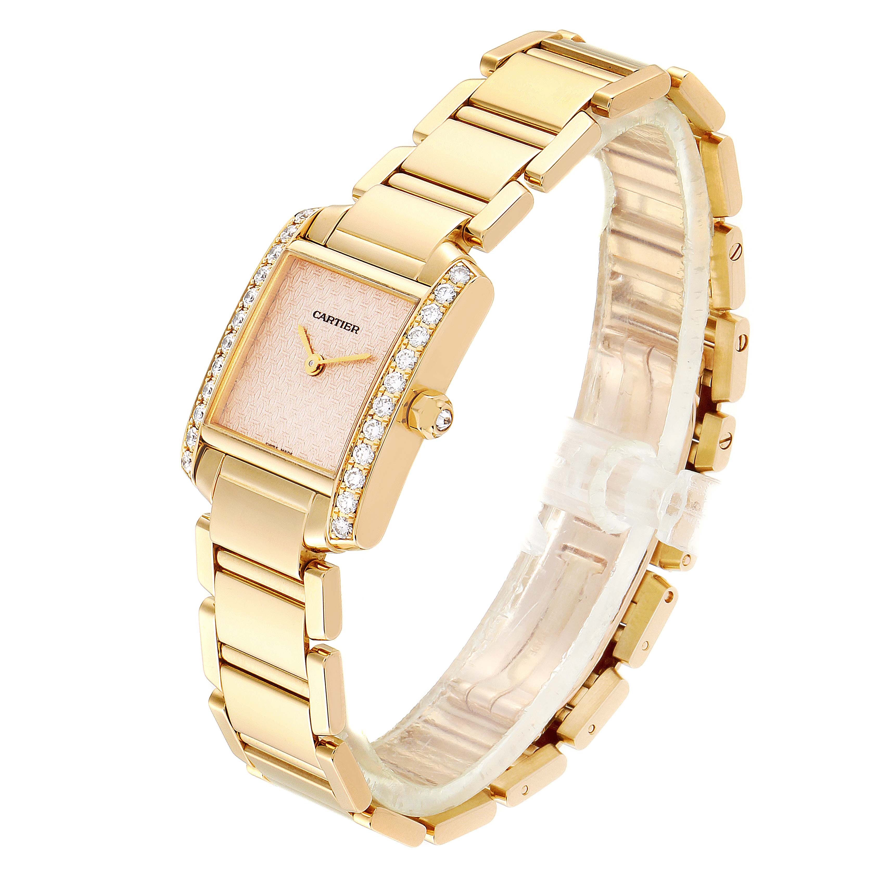 The Cartier Tank Francaise 2403 Women's Yellow Gold Pink Dial 2403 Women's Yellow Gold Pink Dial watch is shown at an angle highlighting its face, bezel, bracelet, and crown.