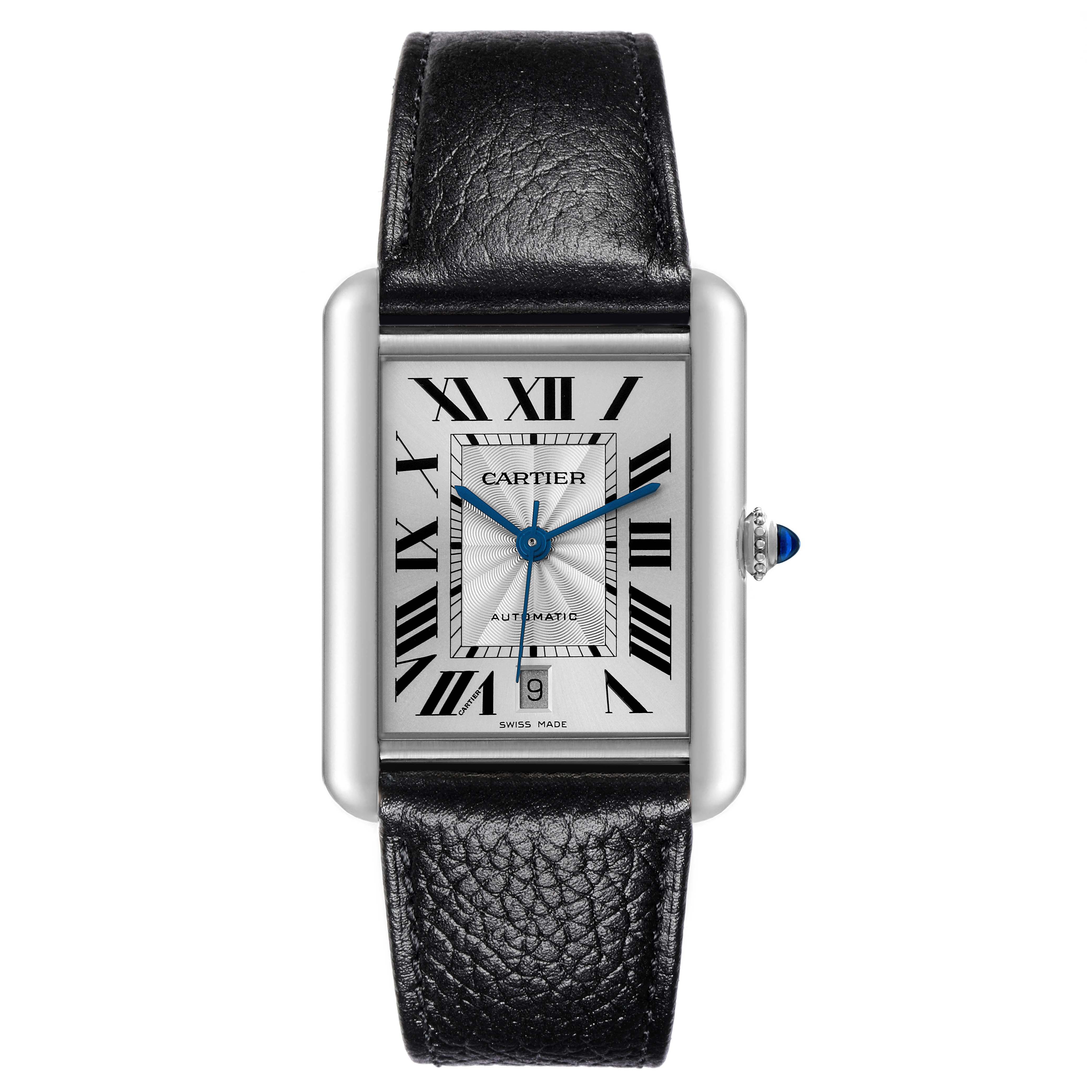 The image shows a Tank Must watch by Cartier from a straight-on angle, showcasing the leather band, dial, crown, and Roman numeral markers.