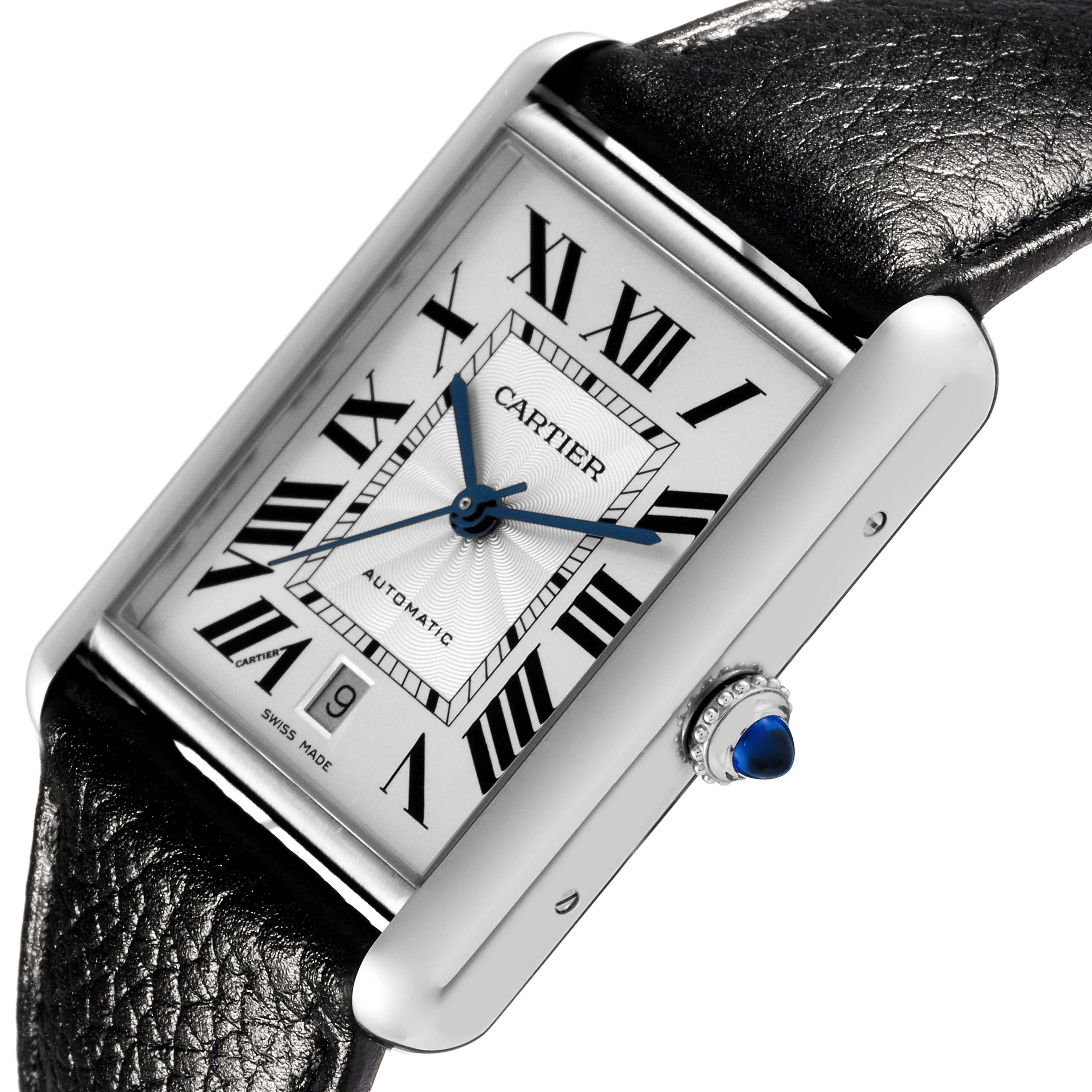 This image of the Cartier Tank Must WSTA0040 Men's Stainless Steel Silver Dial WSTA0040 Men's Stainless Steel Silver Dial watch shows a close-up of the face, crown, and part of the leather strap at an angled view.
