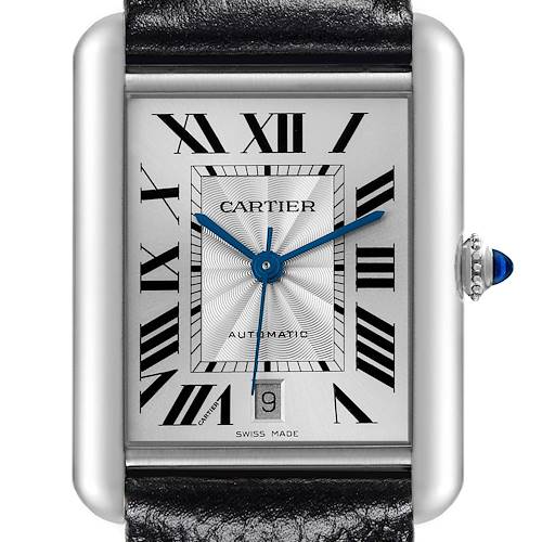 This is a close-up of a Cartier Tank Must watch, showing the dial, Roman numerals, hands, and part of the strap.