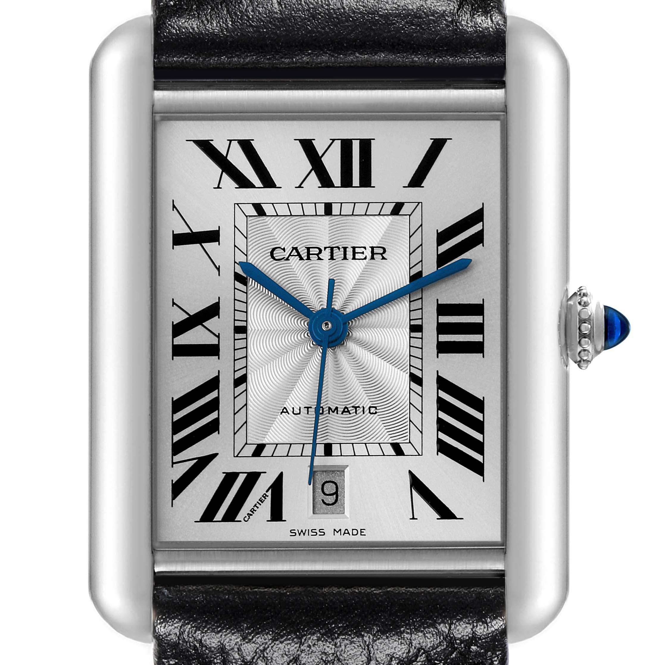 The image shows a close-up of the dial and part of the leather strap of a Cartier Tank Must WSTA0040 Men's Stainless Steel Silver Dial WSTA0040 Men's Stainless Steel Silver Dial watch.