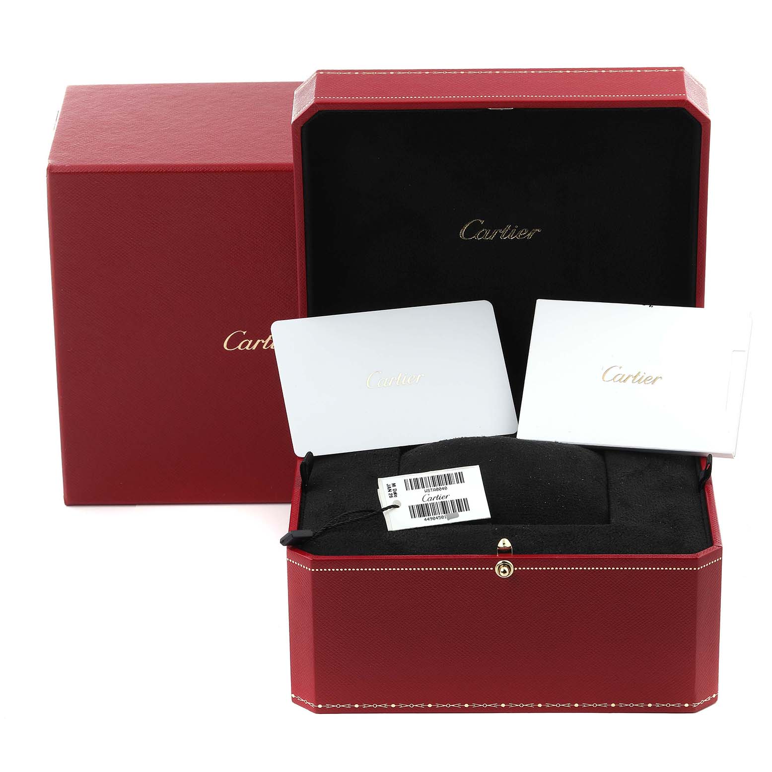 The Cartier Tank Must WSTA0040 Men's Stainless Steel Silver Dial WSTA0040 Men's Stainless Steel Silver Dial watch is presented in its open red box with documentation, resting on a black cushion.