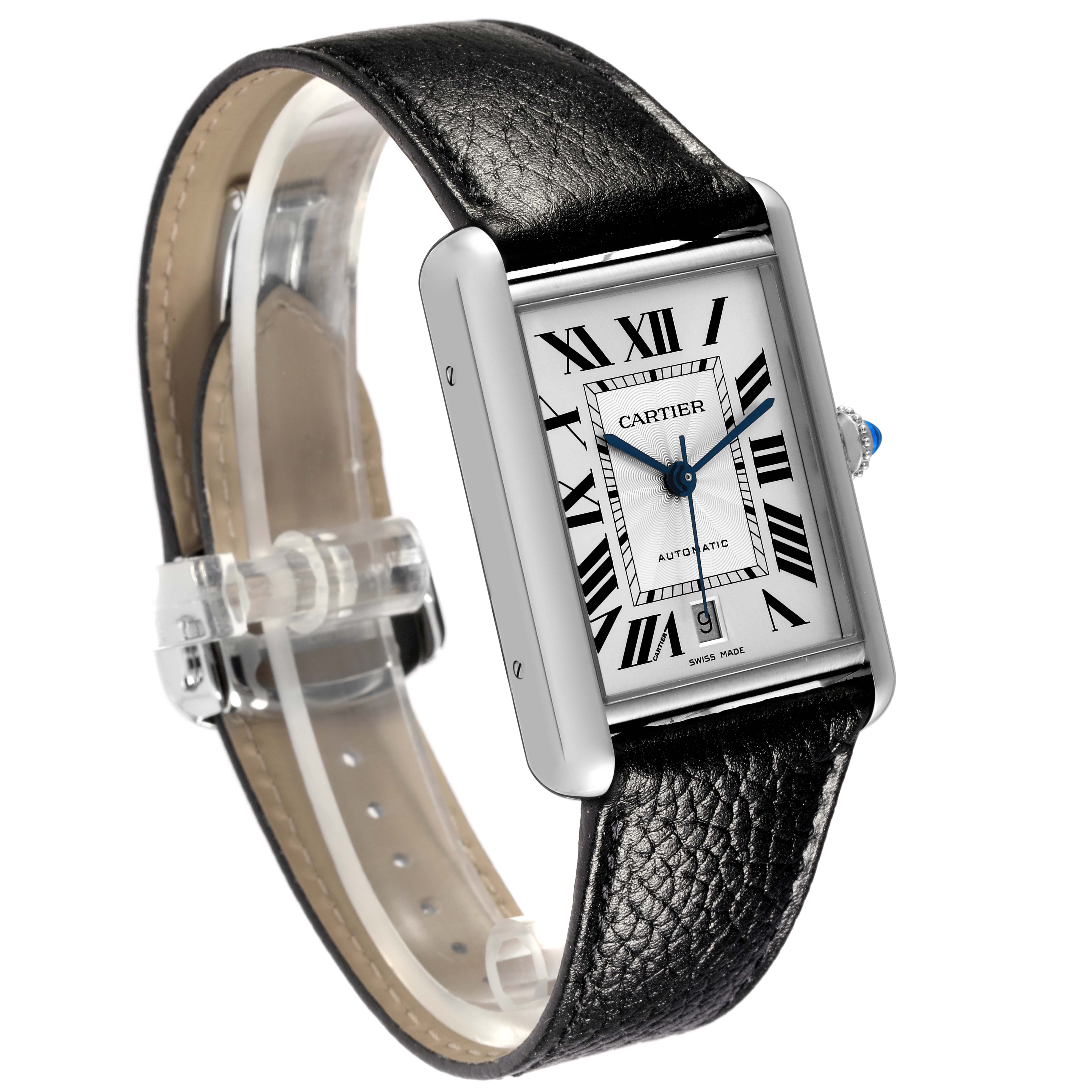This image shows a Cartier Tank Must WSTA0040 Men's Stainless Steel Silver Dial WSTA0040 Men's Stainless Steel Silver Dial watch from an angled side perspective, highlighting the face, bezel, and leather strap.