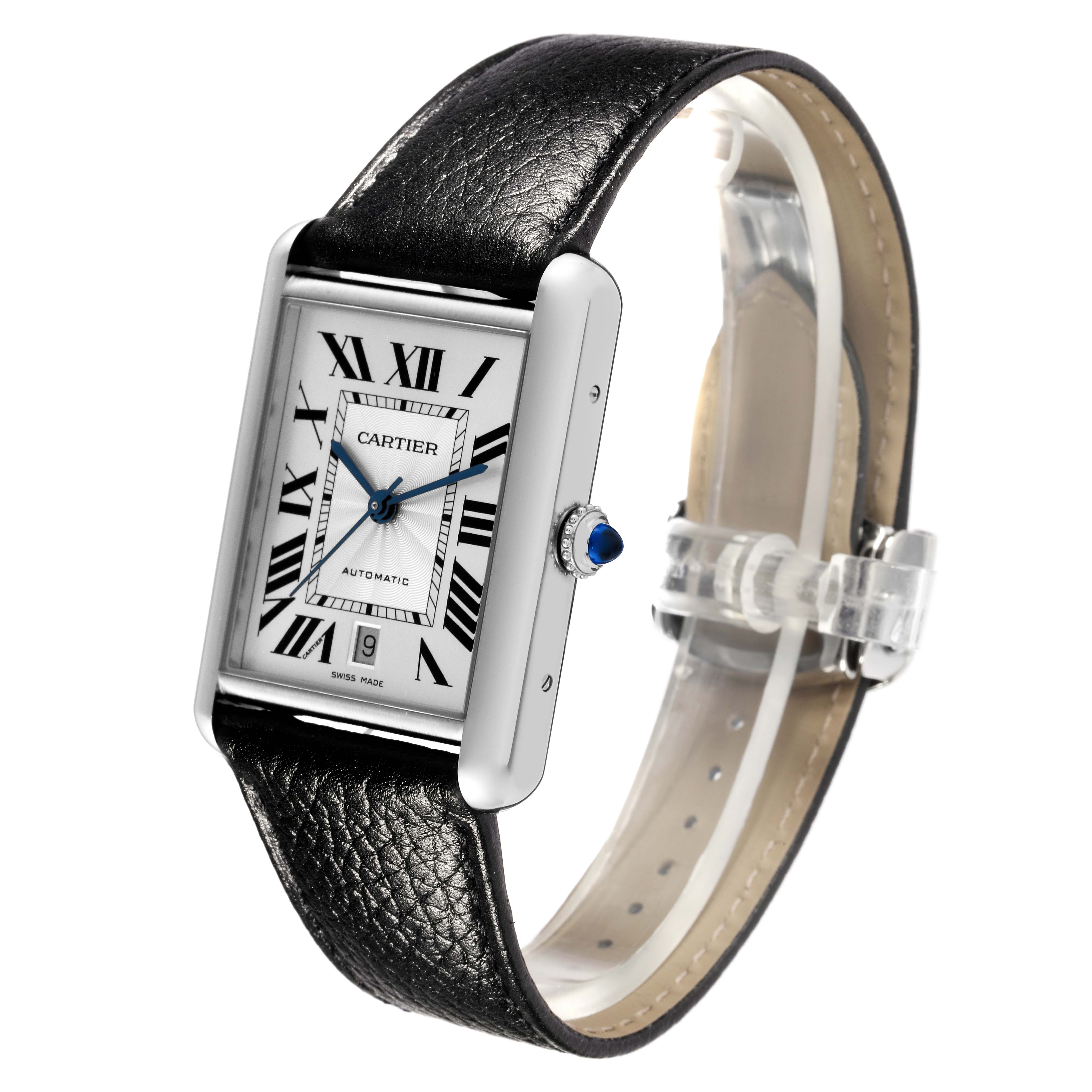 The image shows a Cartier Tank Must WSTA0040 Men's Stainless Steel Silver Dial WSTA0040 Men's Stainless Steel Silver Dial watch from a slight side angle, highlighting its rectangular face, black leather strap, and crown.