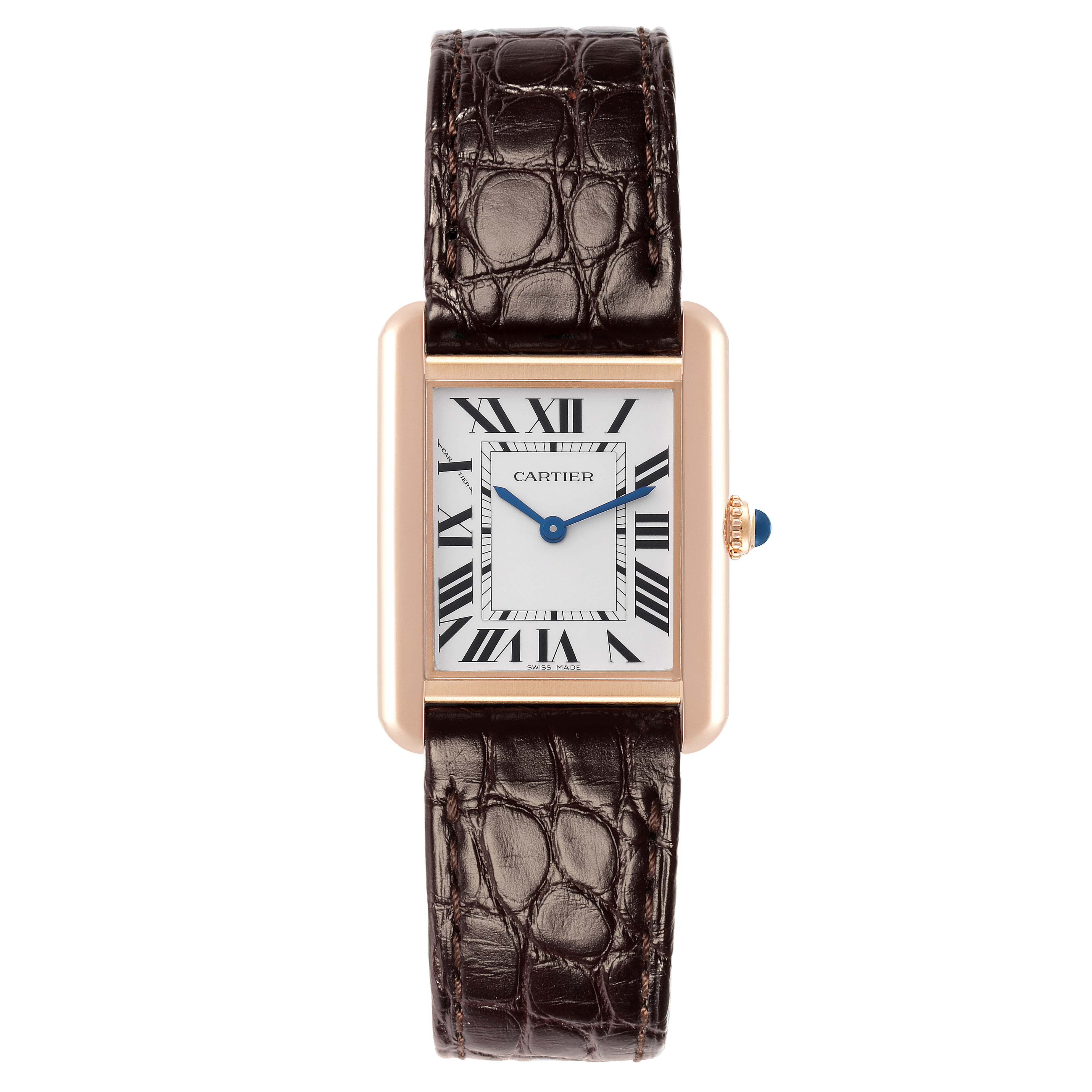 The Cartier Tank Solo W5200024 Women
s Steel and Gold (two tone) Silver Dial watch is shown from a direct front angle, displaying the case, dial, and strap.
