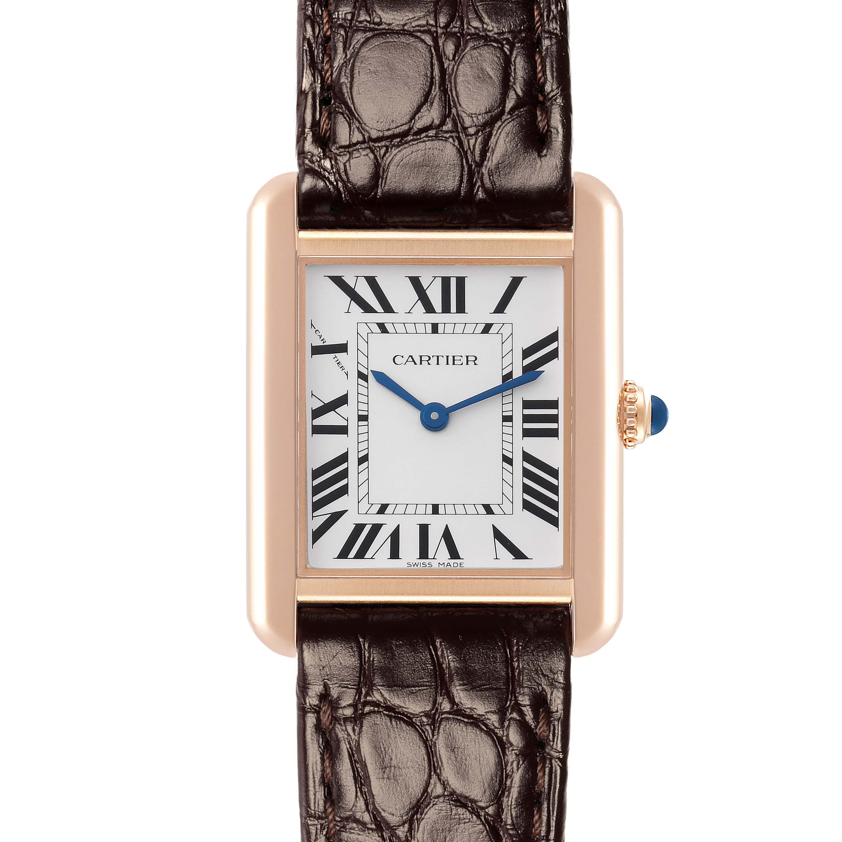The Cartier Tank Solo W5200024 Women
s Steel and Gold (two tone) Silver Dial watch is shown from a front angle, displaying the dial, hands, crown, and leather strap.