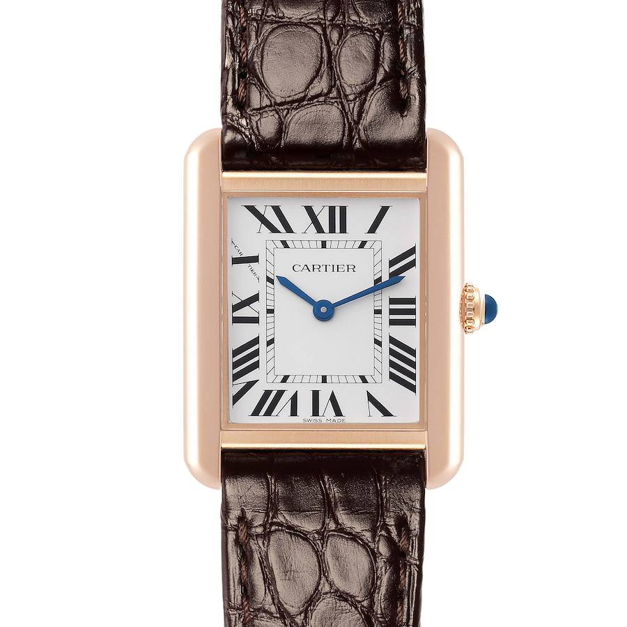 The Cartier Tank Solo W5200024 Women's Steel and Gold (two tone) Silver Dial watch is shown from a front angle, displaying the dial, hands, crown, and leather strap.