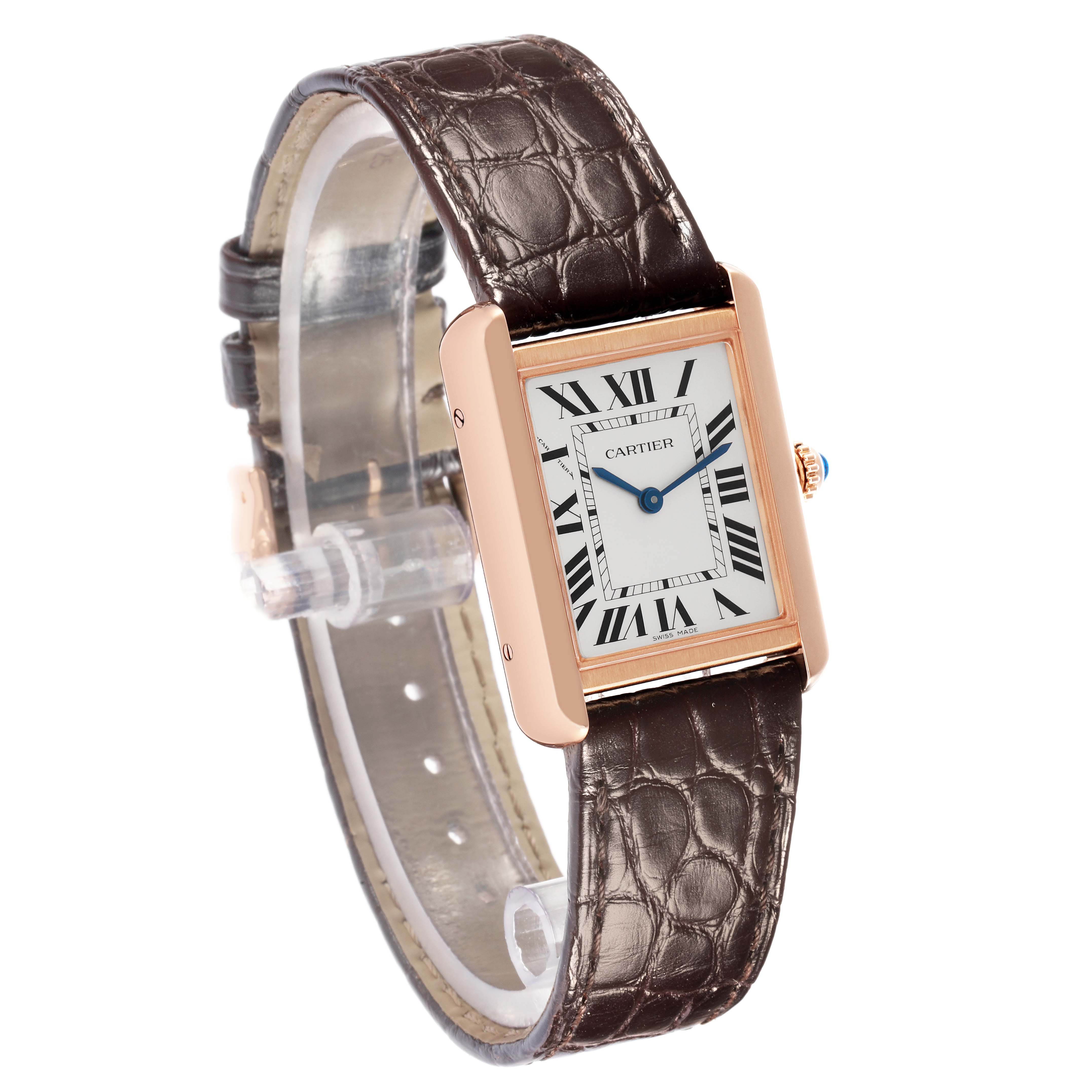 The Cartier Tank Solo W5200024 Women
s Steel and Gold (two tone) Silver Dial watch is shown at an angled view, highlighting its rectangular case, brown leather strap, and Roman numeral dial.