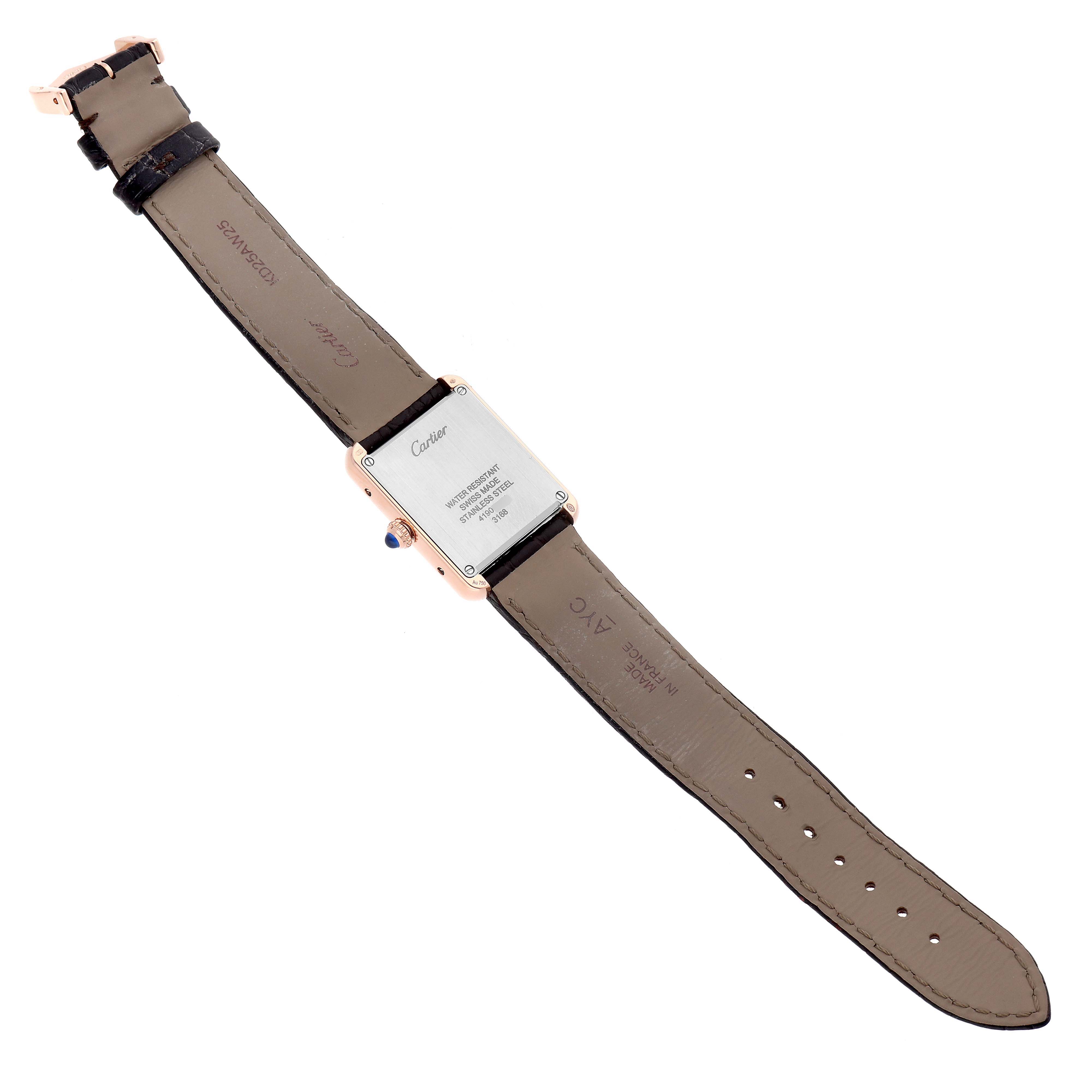 The image shows the back of the Cartier Tank Solo W5200024 Women
s Steel and Gold (two tone) Silver Dial watch, displaying its case back, strap, and buckle.