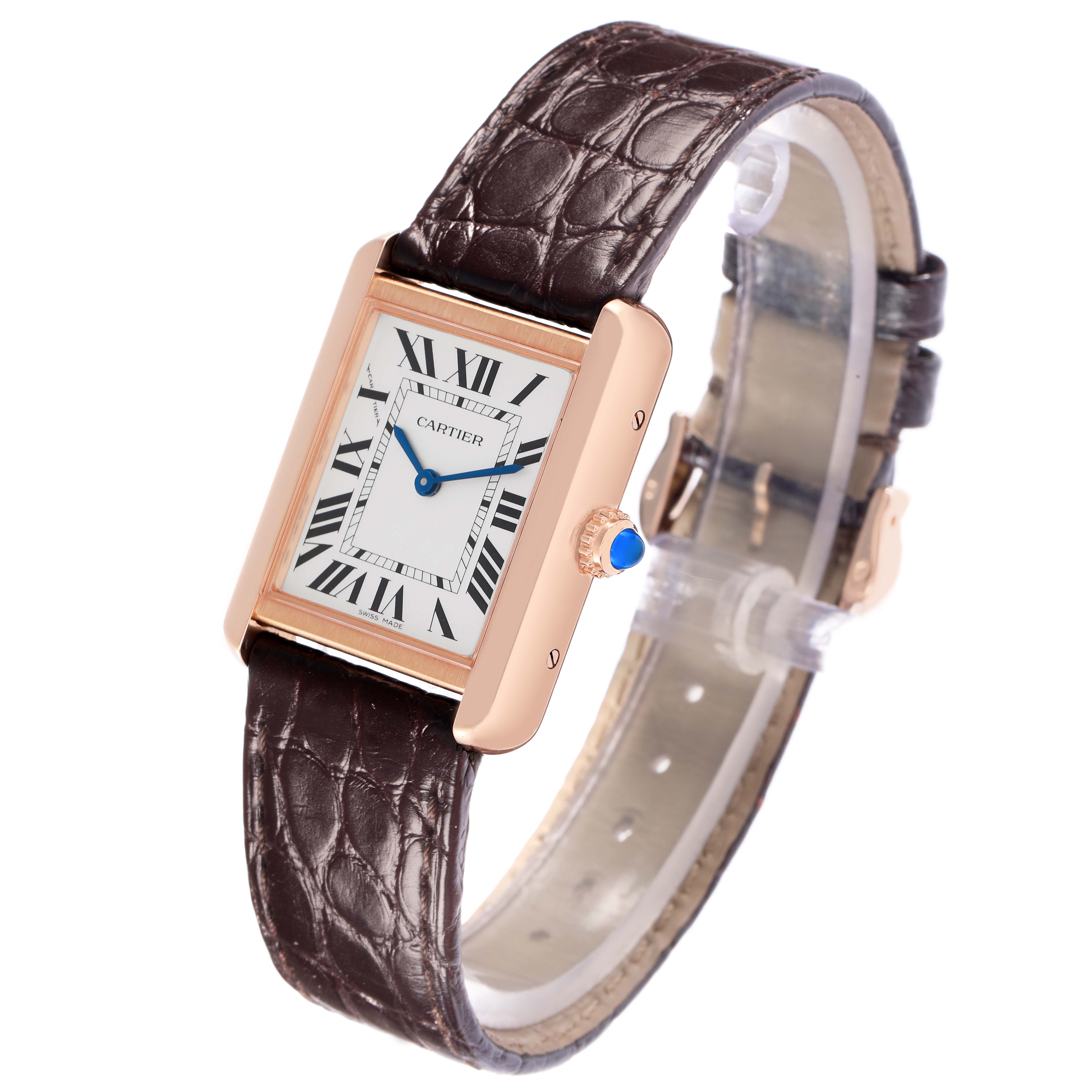 The Cartier Tank Solo W5200024 Women
s Steel and Gold (two tone) Silver Dial watch is angled to show the face, strap, and crown with a blue cabochon detail.