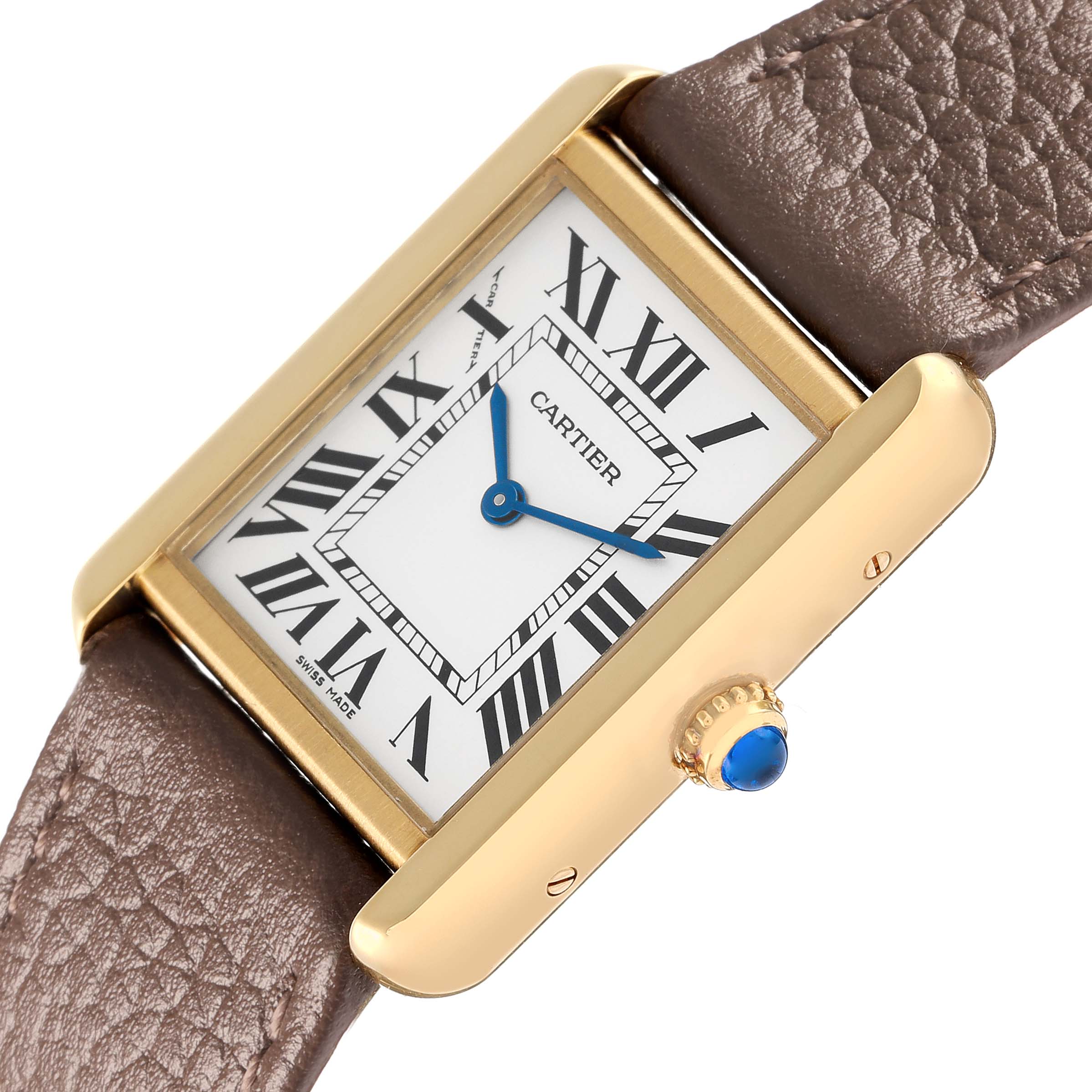 The Cartier Tank Solo W1018755 Women
s Steel and Gold (two tone) Silver Dial watch is shown from an angled top view, highlighting the face, gold case, crown, and leather strap.