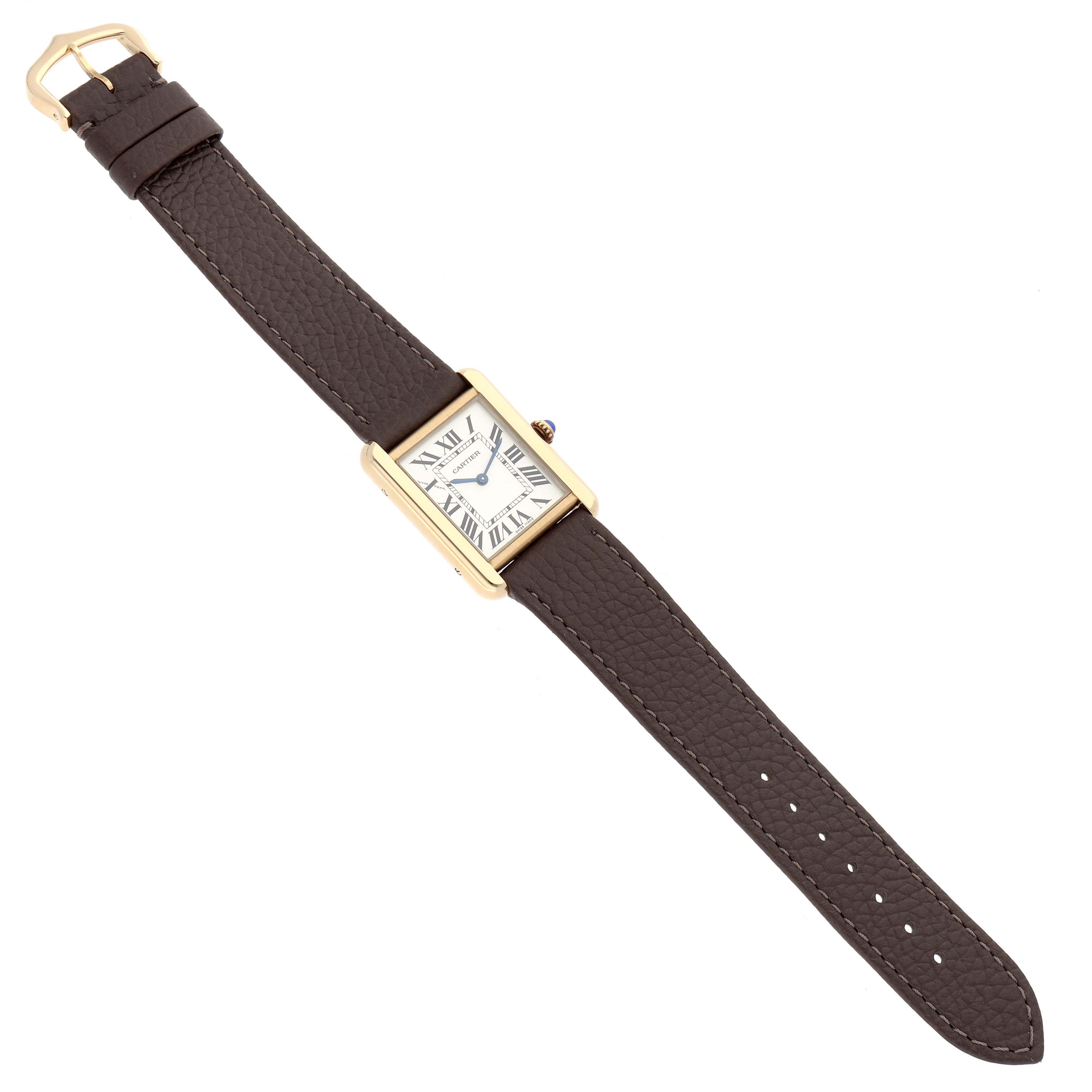 The Cartier Tank Solo W1018755 Women
s Steel and Gold (two tone) Silver Dial watch is shown from a top-down angle, displaying the full face, case, and leather strap.