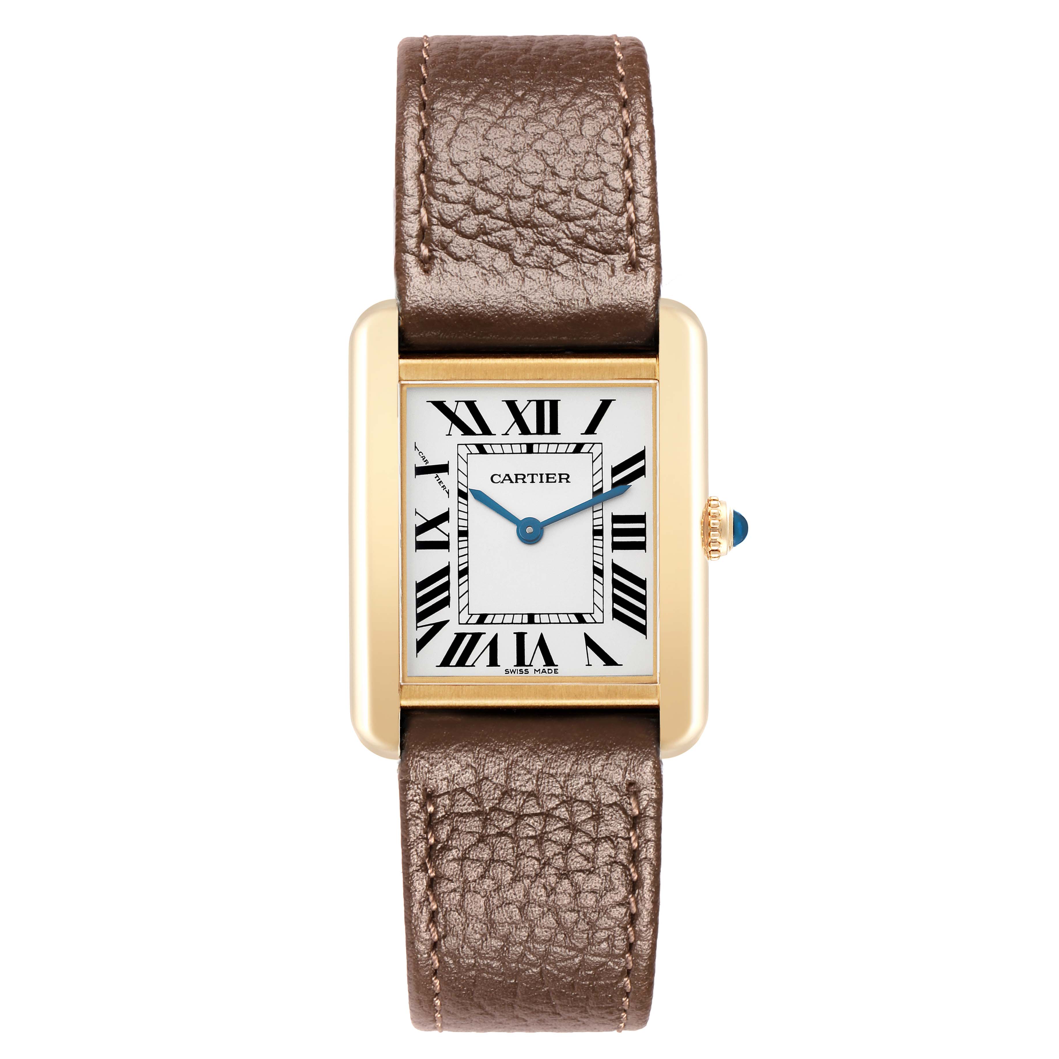 The Cartier Tank Solo W1018755 Women
s Steel and Gold (two tone) Silver Dial watch is shown from the front, displaying its face, Roman numerals, and brown leather strap.
