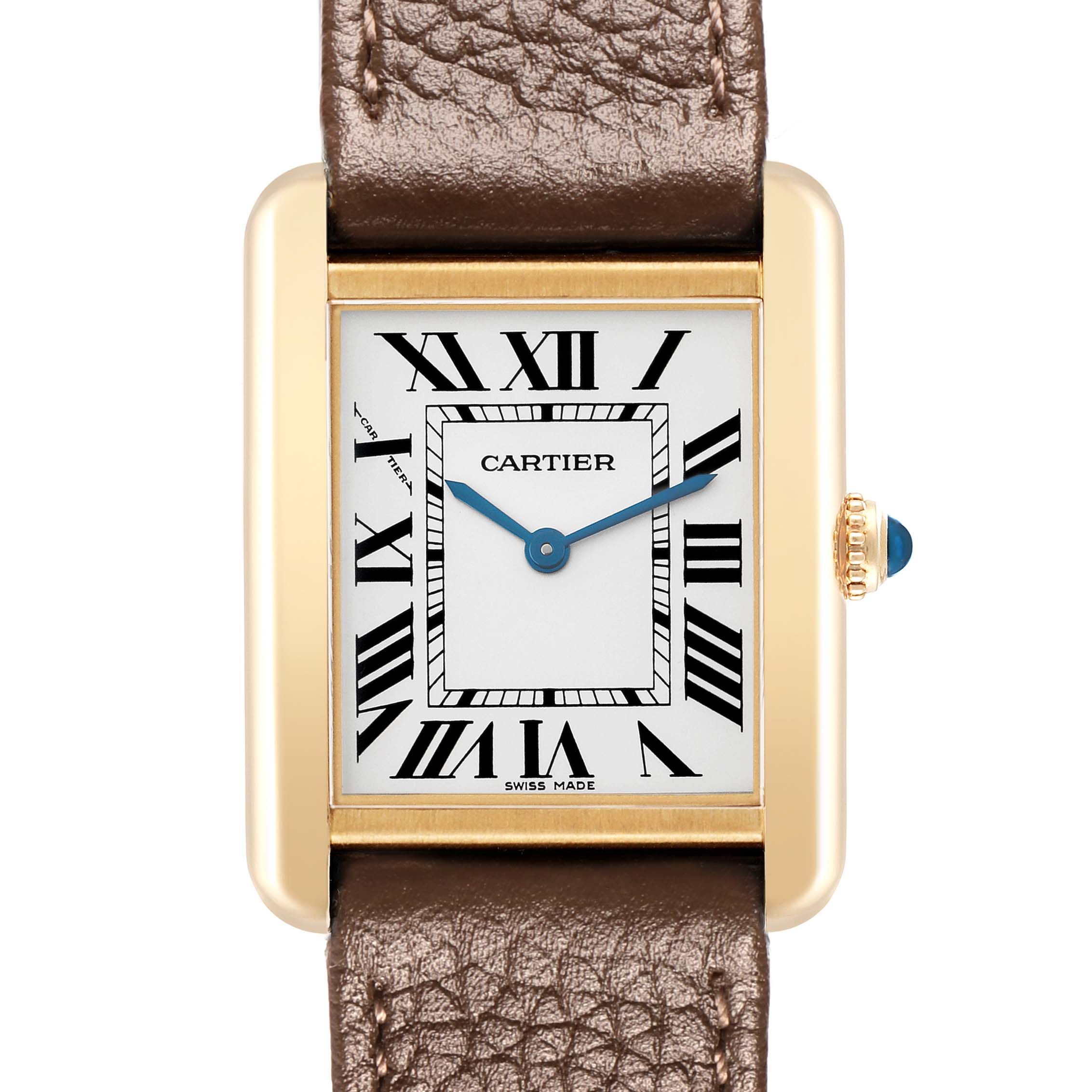 The Cartier Tank Solo W1018755 Women
s Steel and Gold (two tone) Silver Dial watch is shown from the front, highlighting the face, Roman numerals, blue hands, and leather strap.