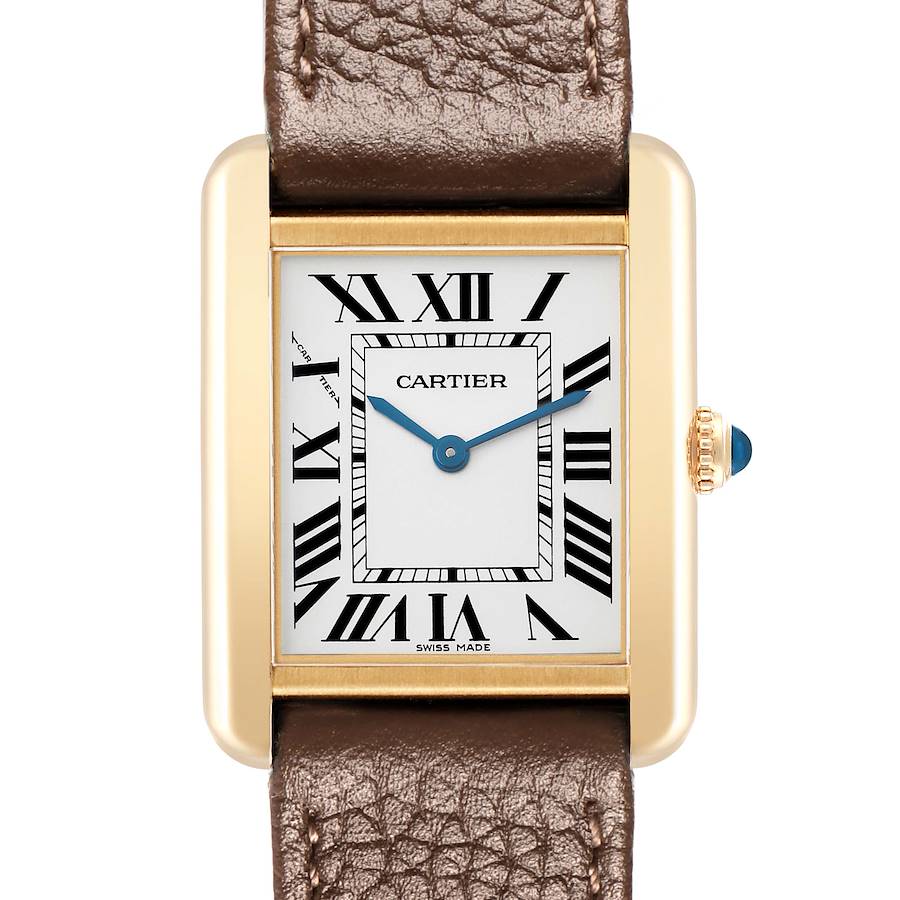 The Cartier Tank Solo W1018755 Women's Steel and Gold (two tone) Silver Dial watch is shown from the front, highlighting the face, Roman numerals, blue hands, and leather strap.