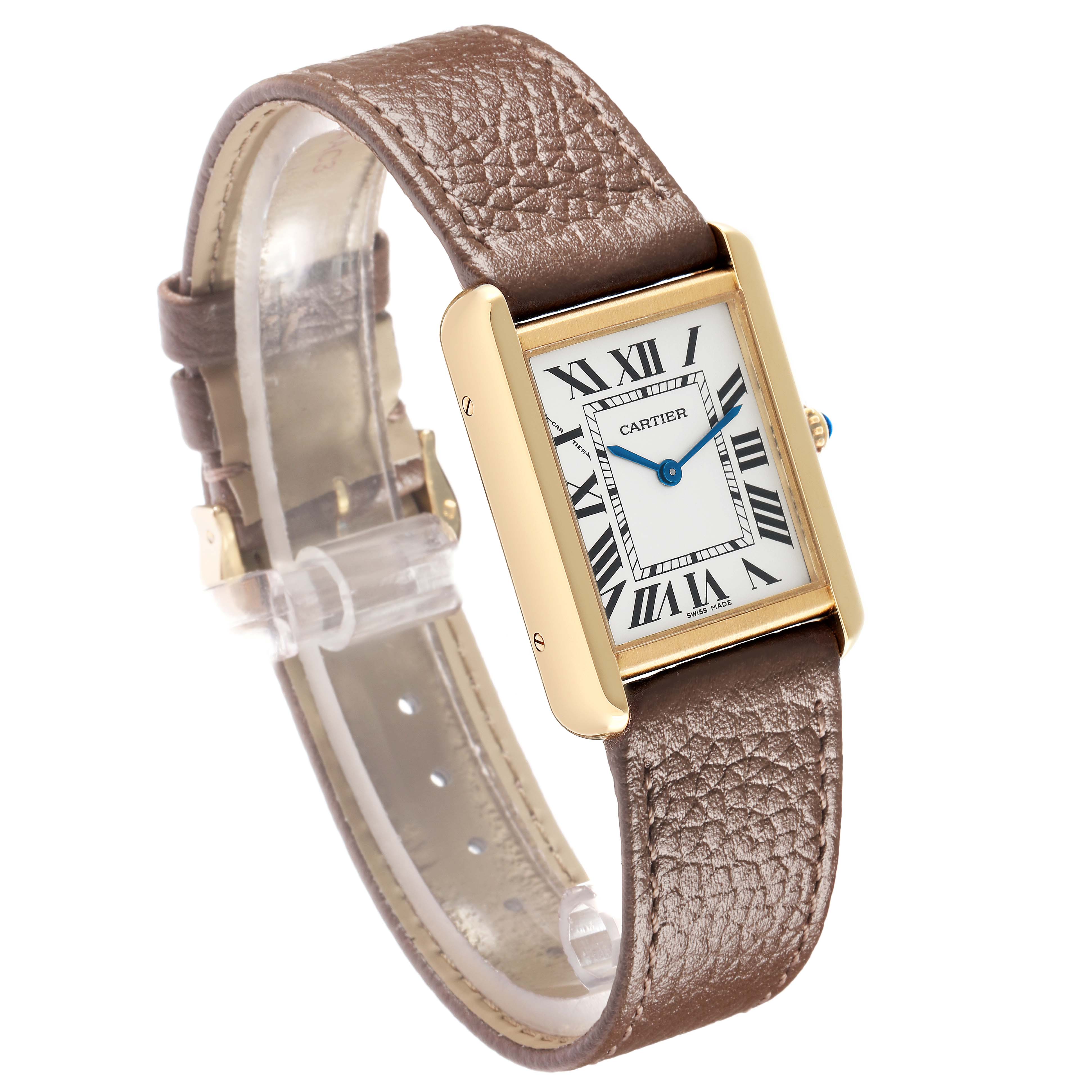 The Cartier Tank Solo W1018755 Women
s Steel and Gold (two tone) Silver Dial watch is shown at a slight angle, displaying its rectangular face, Roman numerals, and brown leather strap.