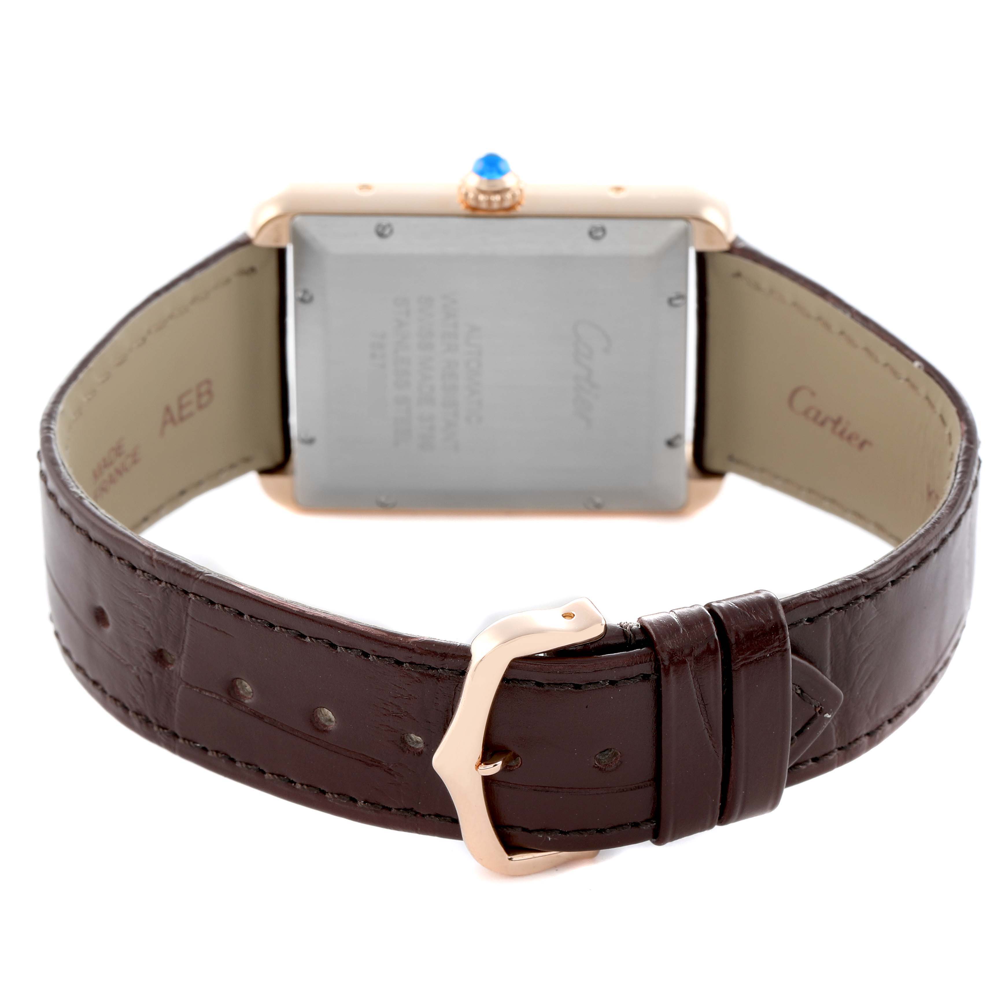 The image shows the back of the Cartier Tank Solo W5200026 Men
s Steel and Gold (two tone) Silver Dial watch, highlighting the strap, buckle, and case back with an ornate crown.