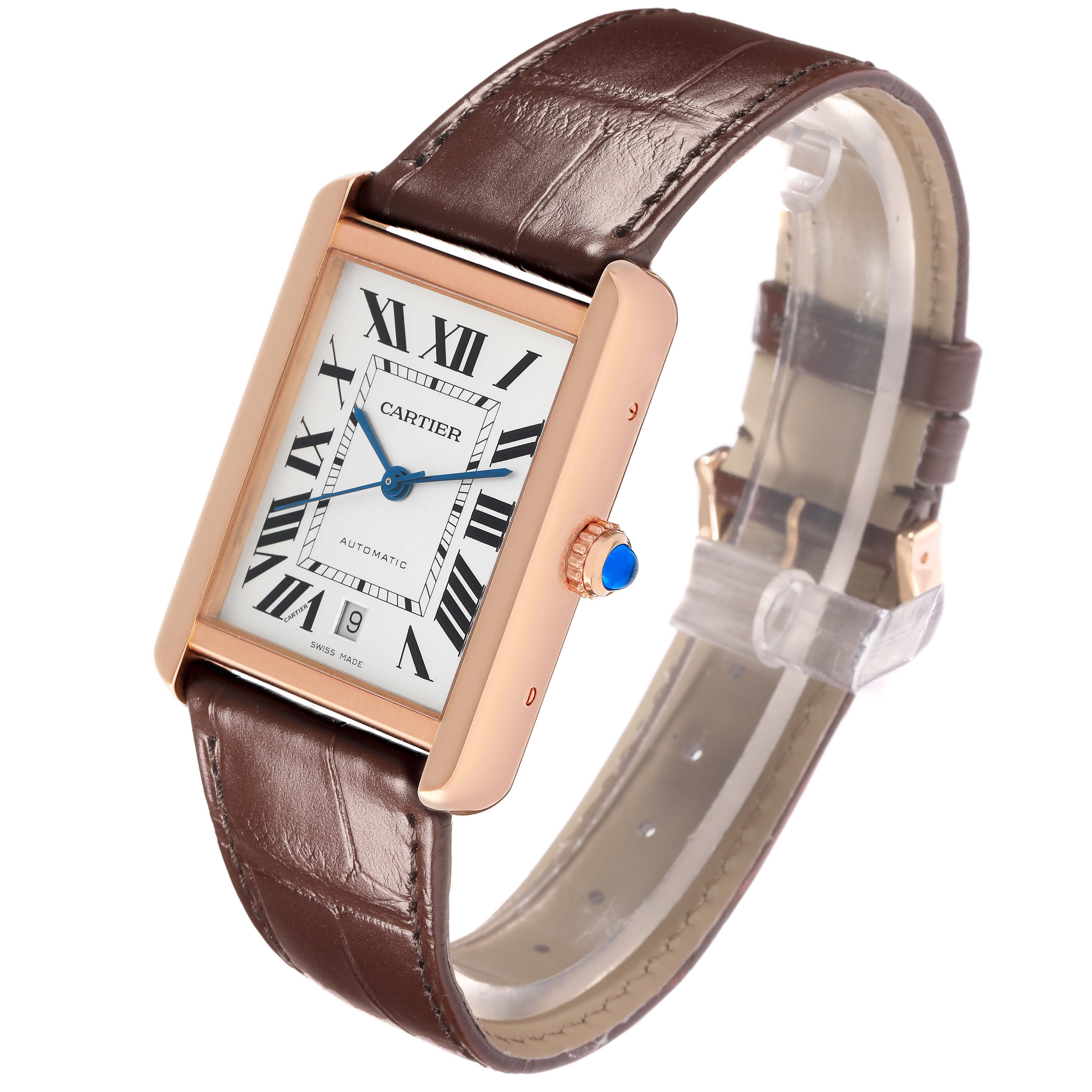 The Cartier Tank Solo W5200026 Men
s Steel and Gold (two tone) Silver Dial watch is shown from a front-side angle, highlighting the face, case, and brown leather strap.