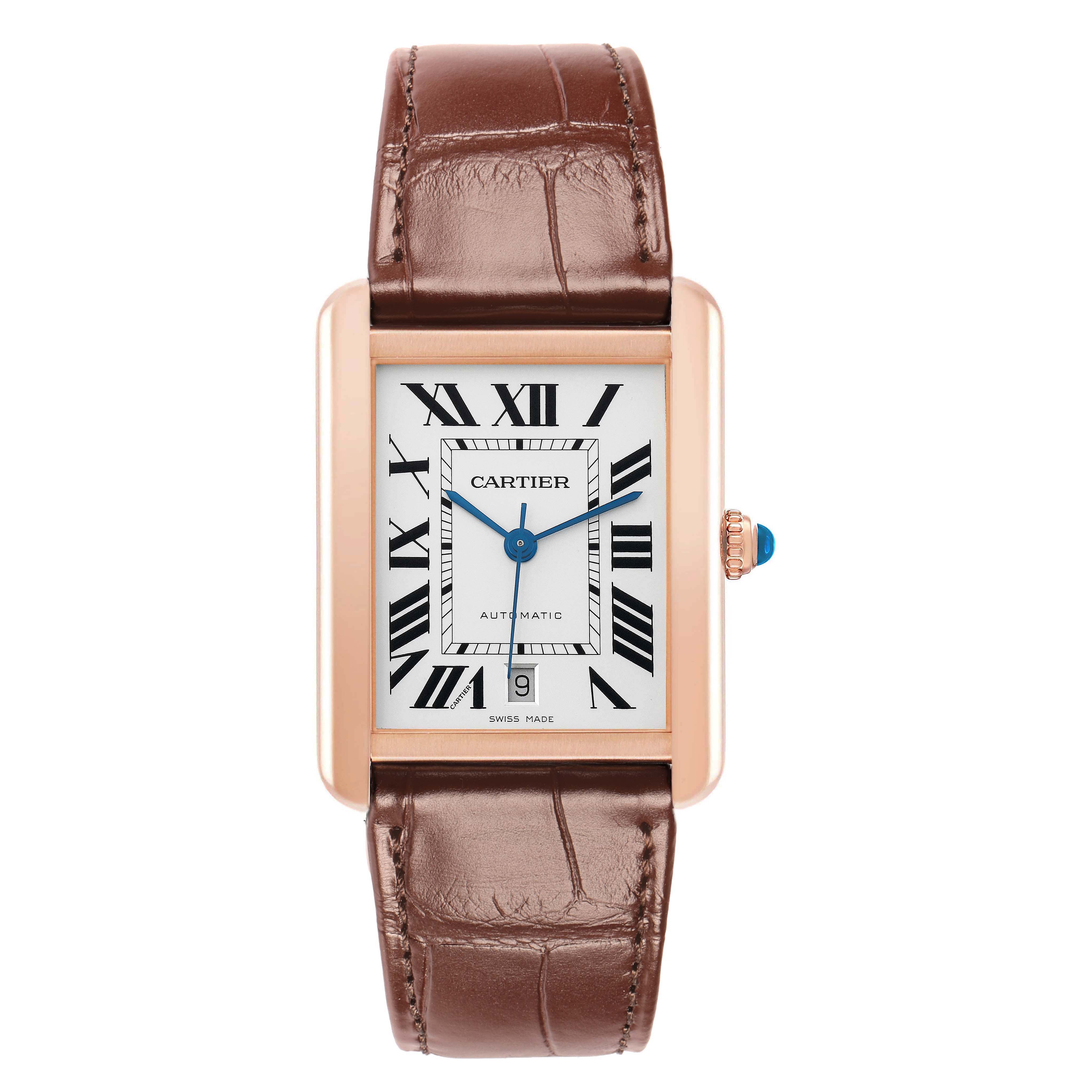 The Cartier Tank Solo W5200026 Men
s Steel and Gold (two tone) Silver Dial watch is shown from a front angle, displaying the face, Roman numerals, hands, and brown leather strap.