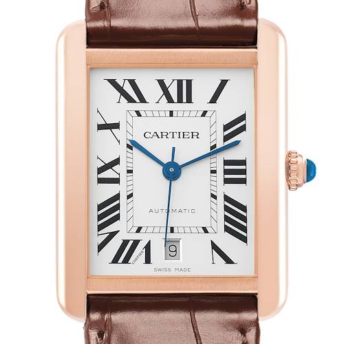 The Cartier Tank Solo W5200026 Men's Steel and Gold (two tone) Silver Dial watch is shown from a front angle, highlighting its face, blue hands, Roman numerals, and brown leather strap.