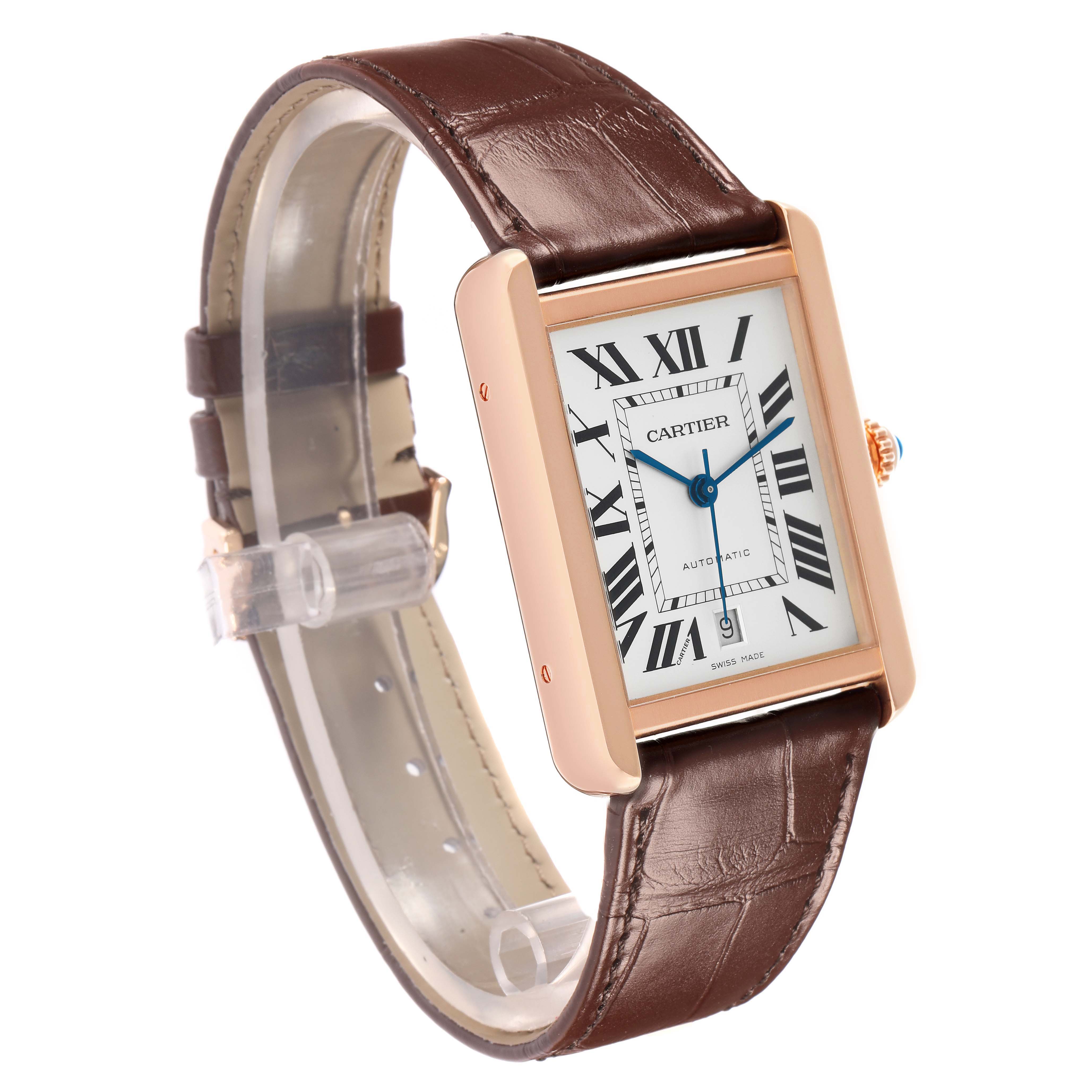 The Cartier Tank Solo W5200026 Men
s Steel and Gold (two tone) Silver Dial watch is shown at a three-quarter angle, displaying the face, case, and leather strap.