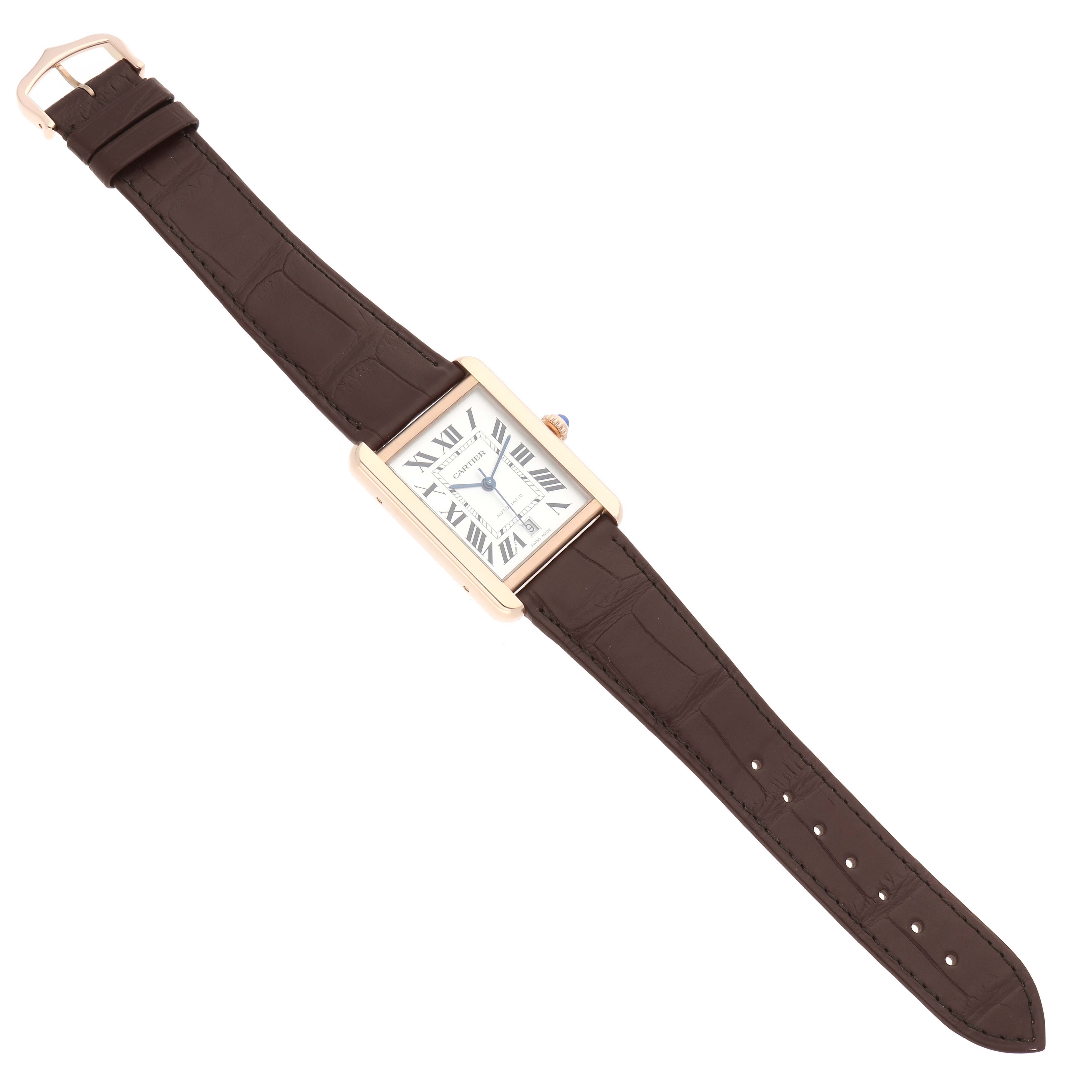 The Cartier Tank Solo W5200026 Men
s Steel and Gold (two tone) Silver Dial watch is displayed from a top-down angle, showing the full face, strap, and clasp.