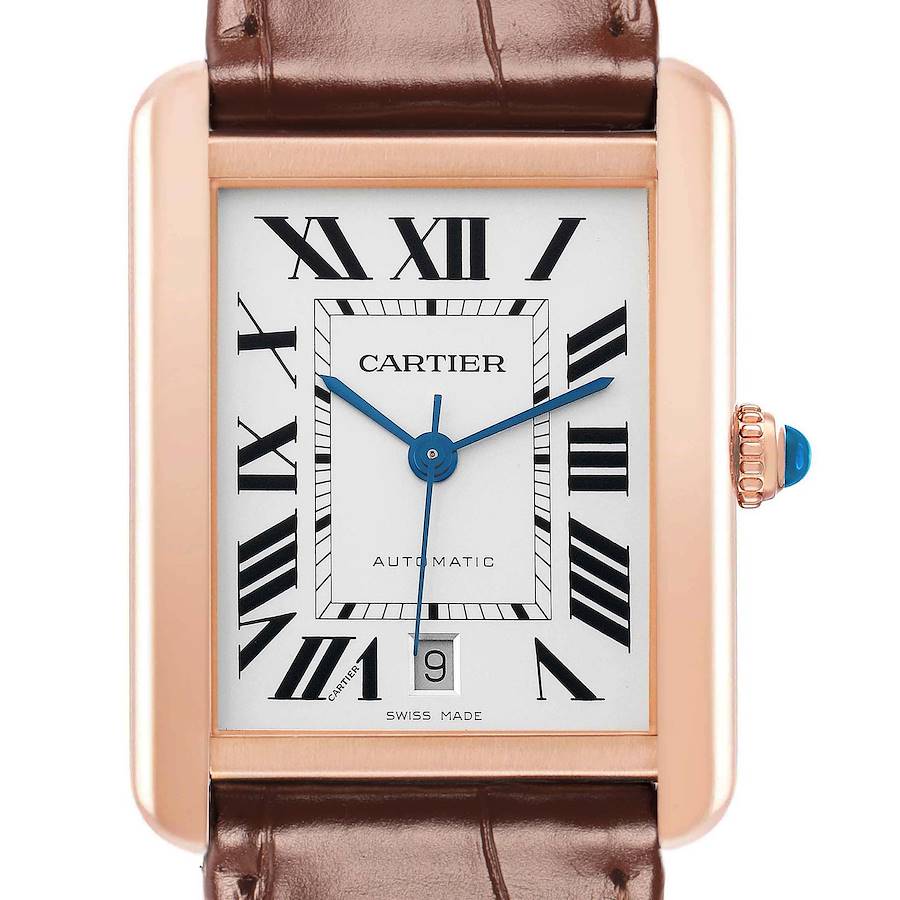 The Cartier Tank Solo W5200026 Men
s Steel and Gold (two tone) Silver Dial watch is shown from the front, displaying the dial, Roman numerals, and the date window.