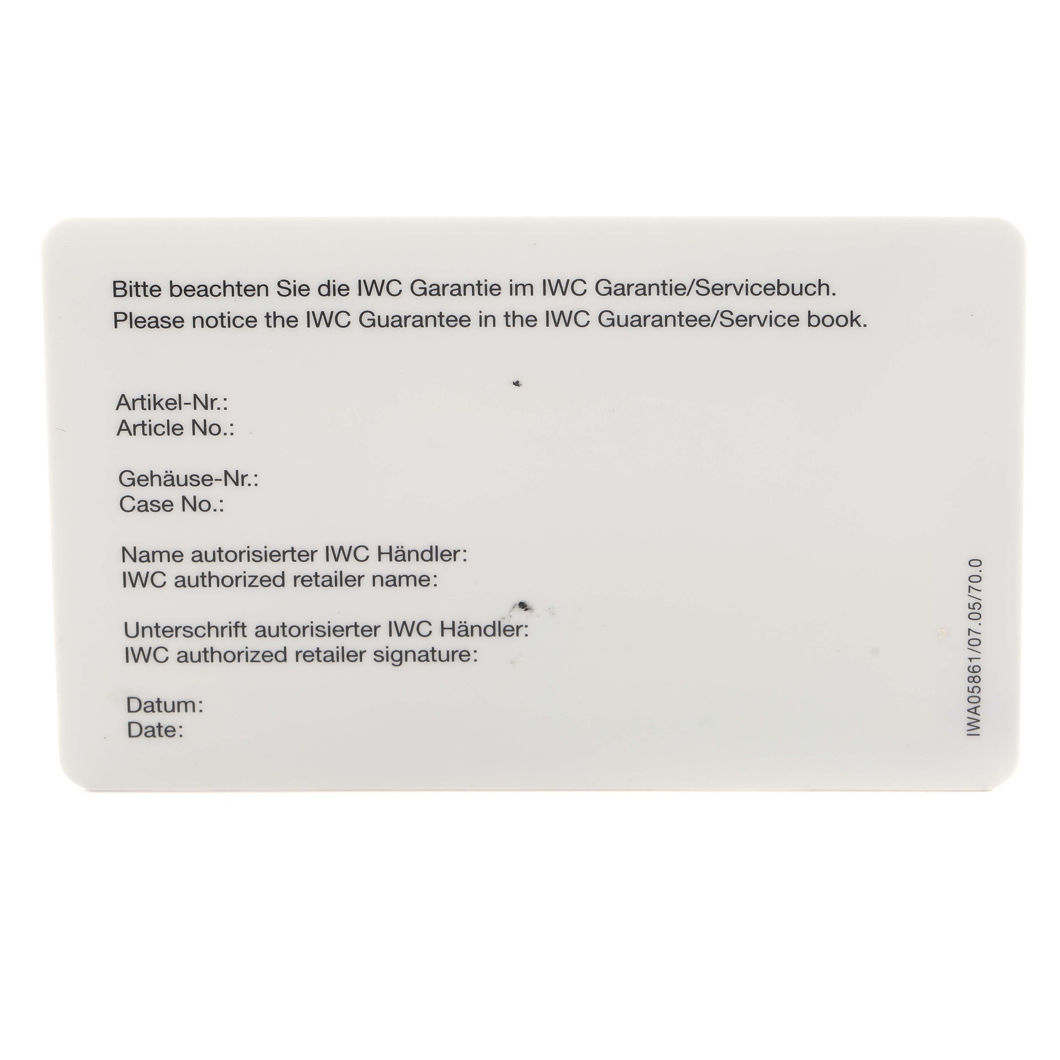 This image shows a warranty card for the IWC Portuguese IW371480 Men
s Rose Gold Silver Dial watch, displaying text fields for article and case numbers.
