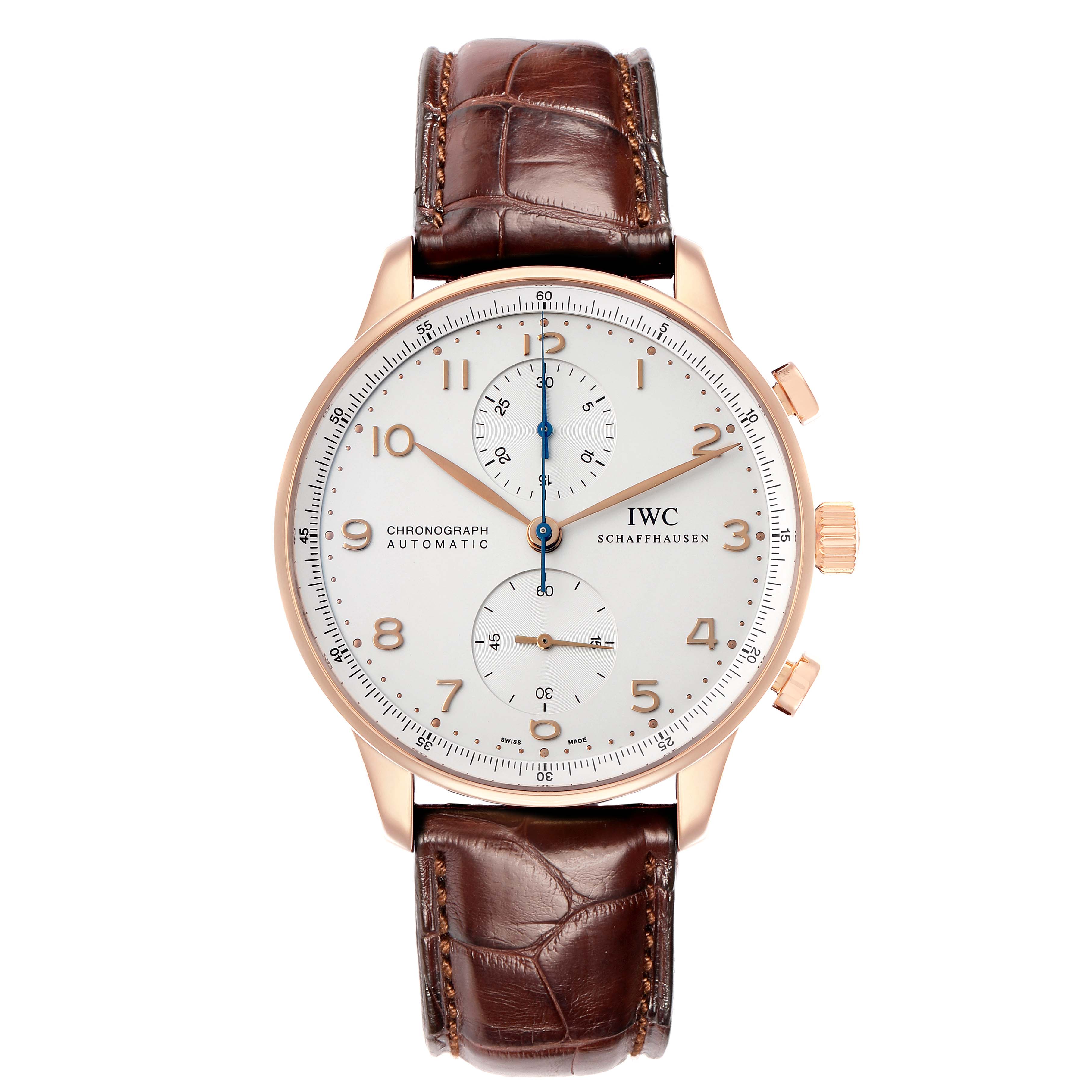 The IWC Portuguese IW371480 Men
s Rose Gold Silver Dial watch is shown from a front angle, displaying its face, dial, chronograph subdials, and leather strap.