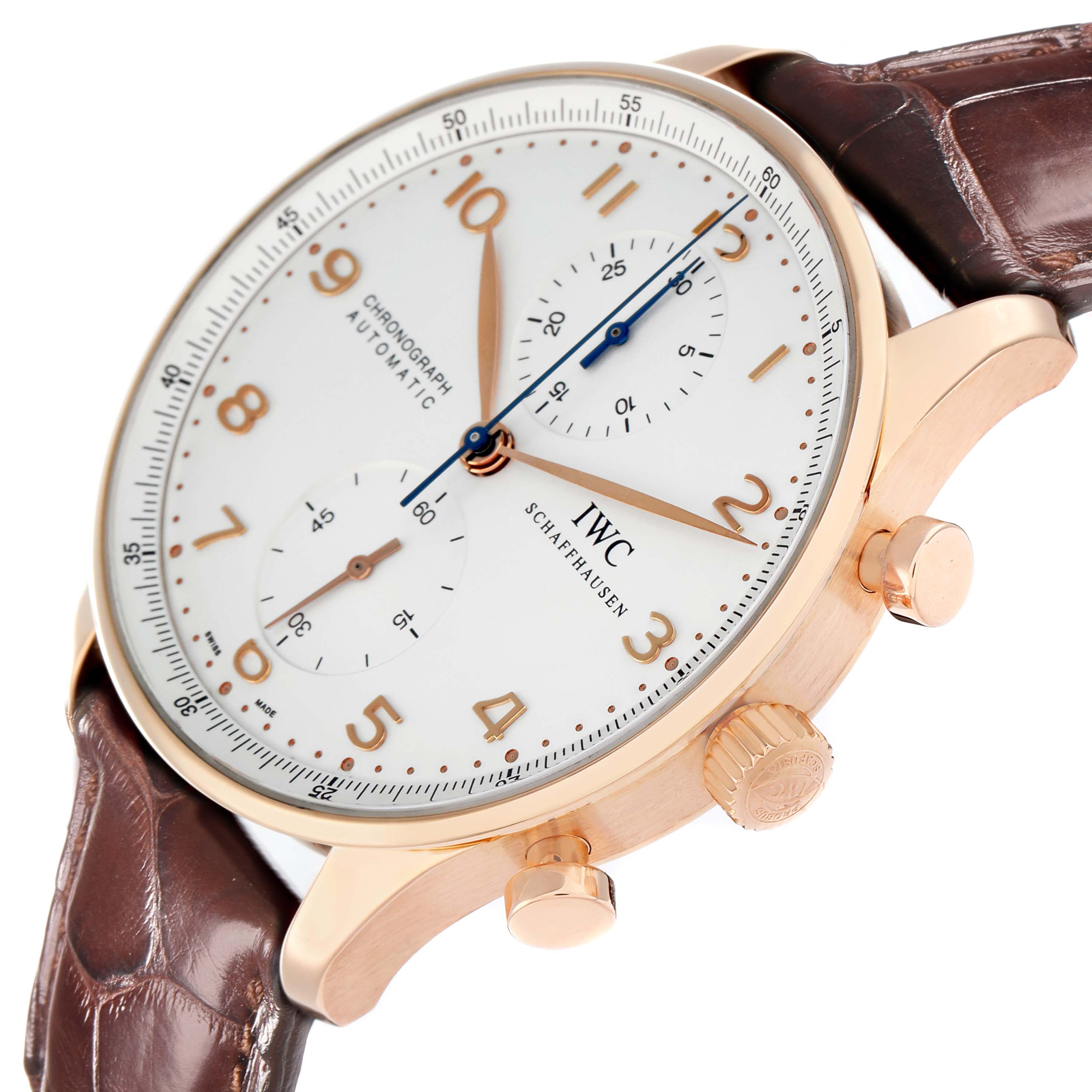 The image shows an IWC Portuguese IW371480 Men
s Rose Gold Silver Dial model watch from an angled side view, highlighting the face, crown, and chronograph dials.