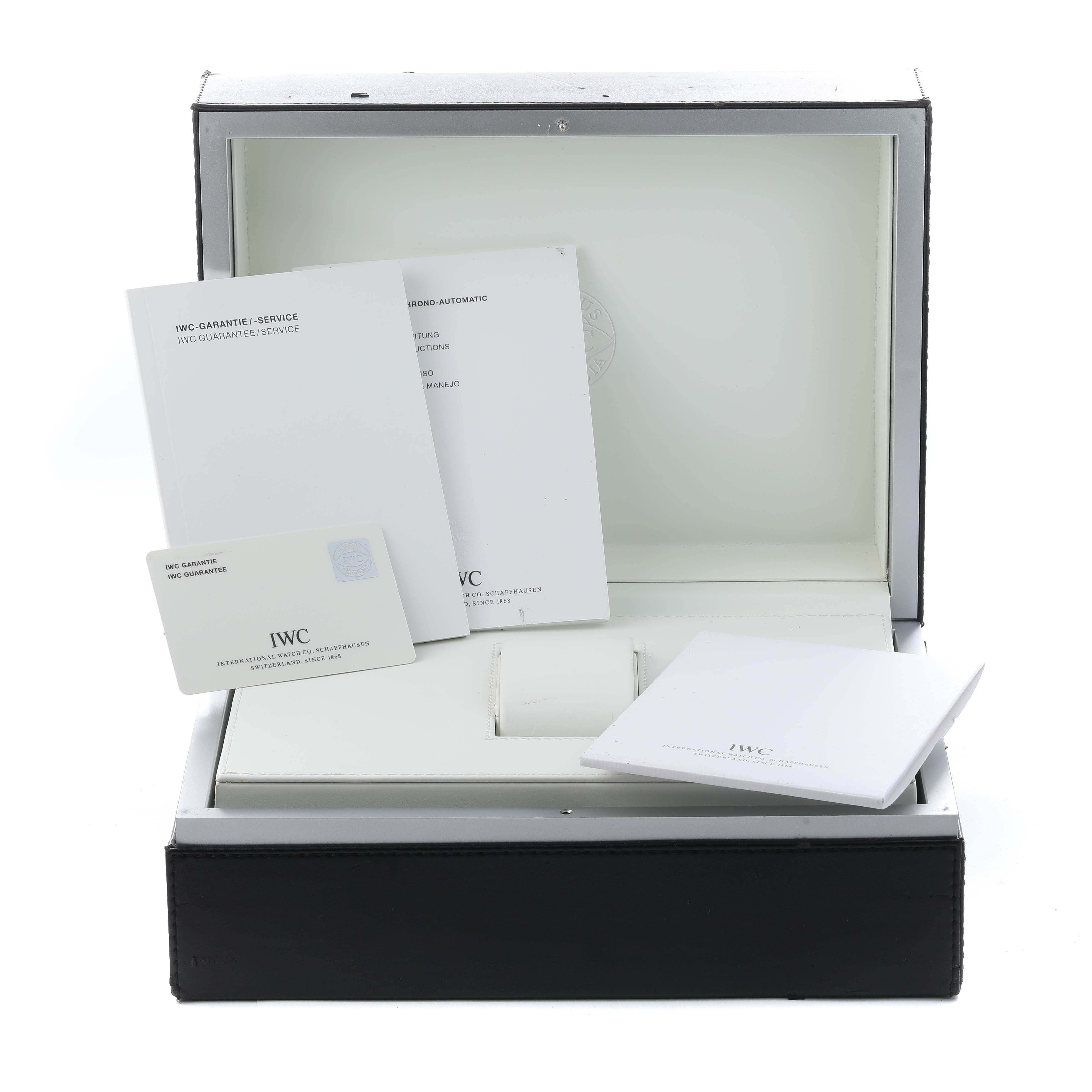 The image shows the box and documentation accessories for the IWC Portuguese IW371480 Men
s Rose Gold Silver Dial model, viewed from a front angle.