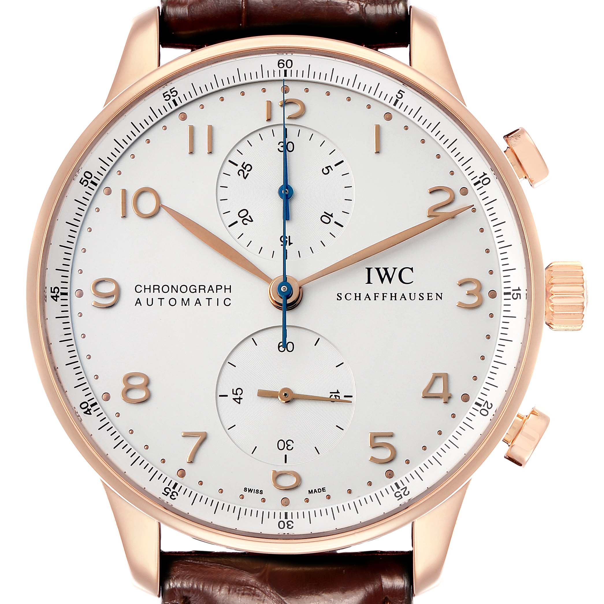 The IWC Portuguese IW371480 Men
s Rose Gold Silver Dial watch is shown from the front, highlighting the dial, chronograph sub-dials, and crown.