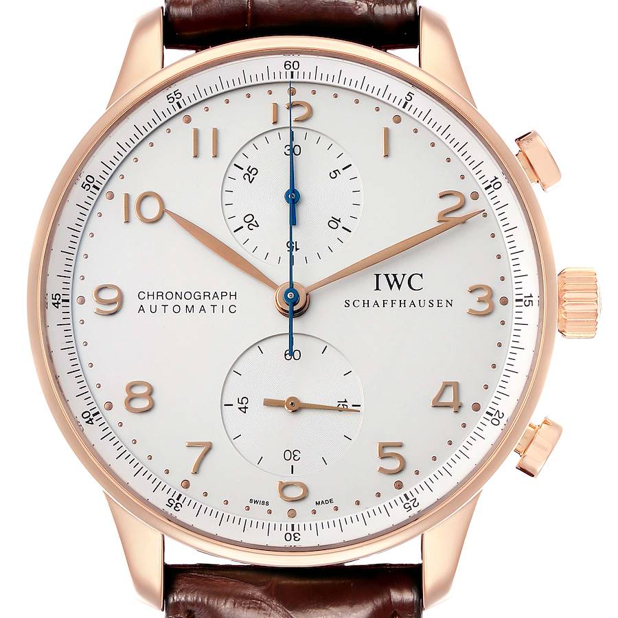 The IWC Portuguese IW371480 Men's Rose Gold Silver Dial watch is shown from the front, highlighting the dial, chronograph sub-dials, and crown.