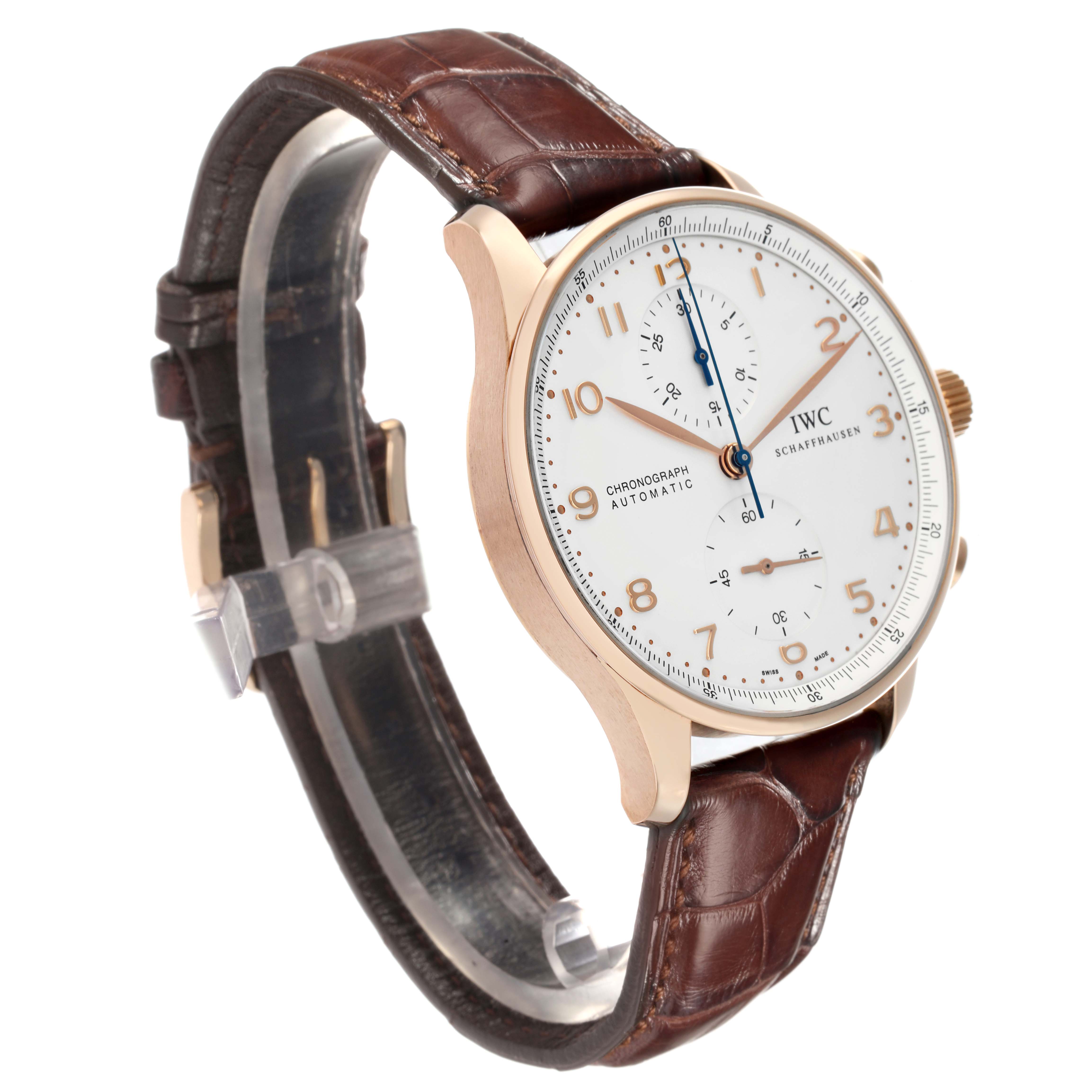 The IWC Portuguese IW371480 Men
s Rose Gold Silver Dial watch is shown at a three-quarter angle, displaying the dial, gold case, and brown leather strap.