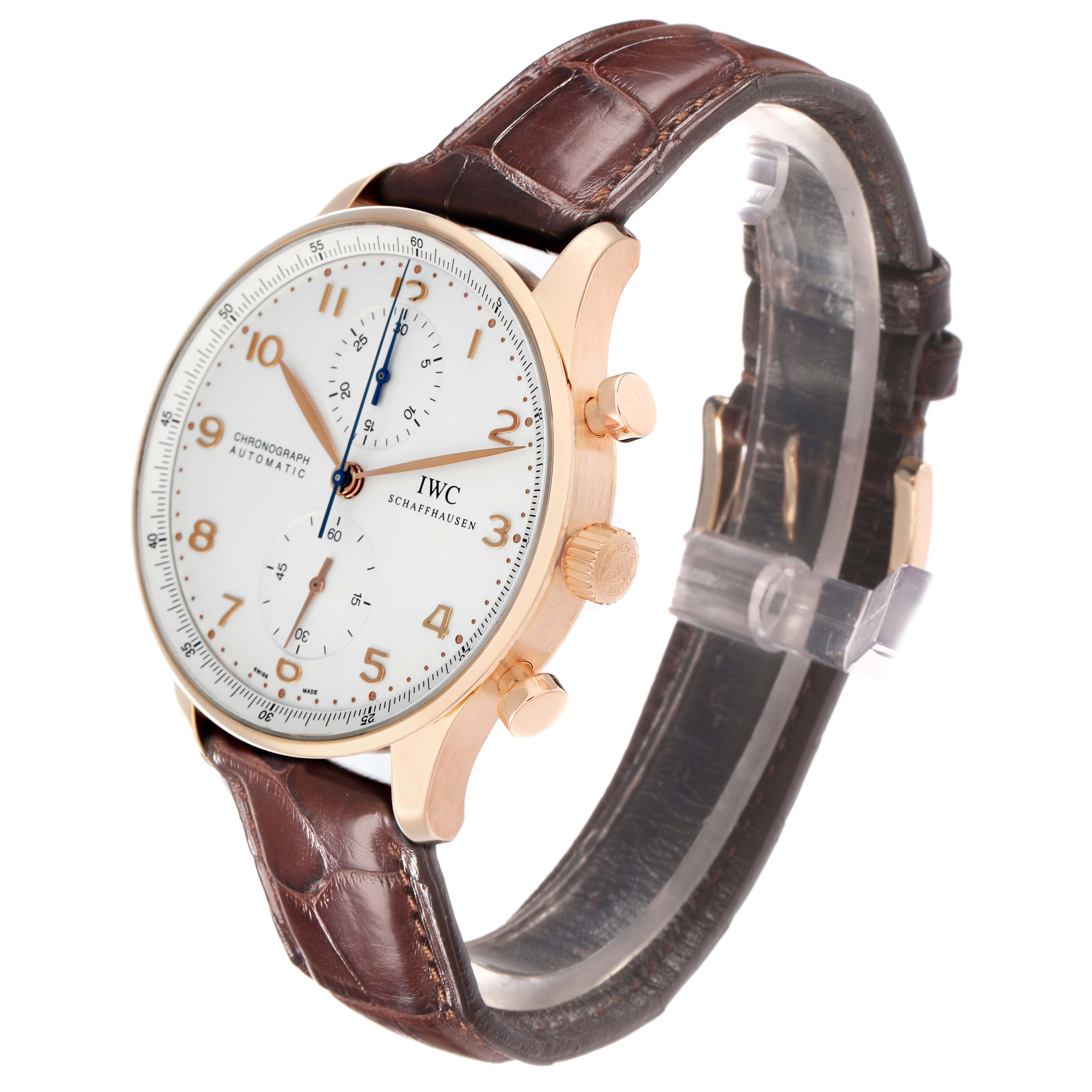 The IWC Portuguese IW371480 Men
s Rose Gold Silver Dial watch is shown at a three-quarter angle, highlighting the face, crown, and leather strap.