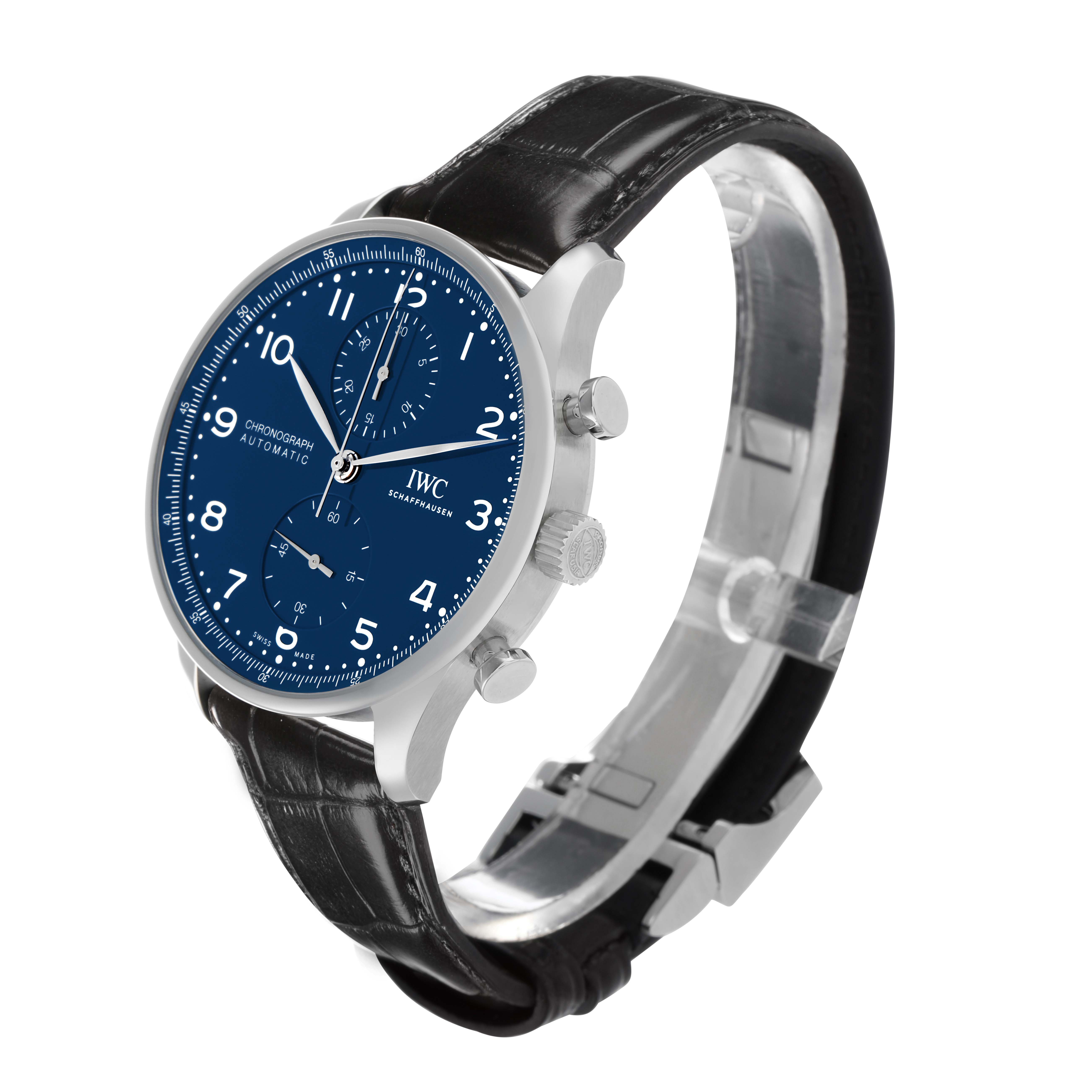 The IWC Portuguese IW371601 Men
s Stainless Steel Blue Dial watch is shown at a three-quarter angle, highlighting the face, crown, pushers, and leather strap.