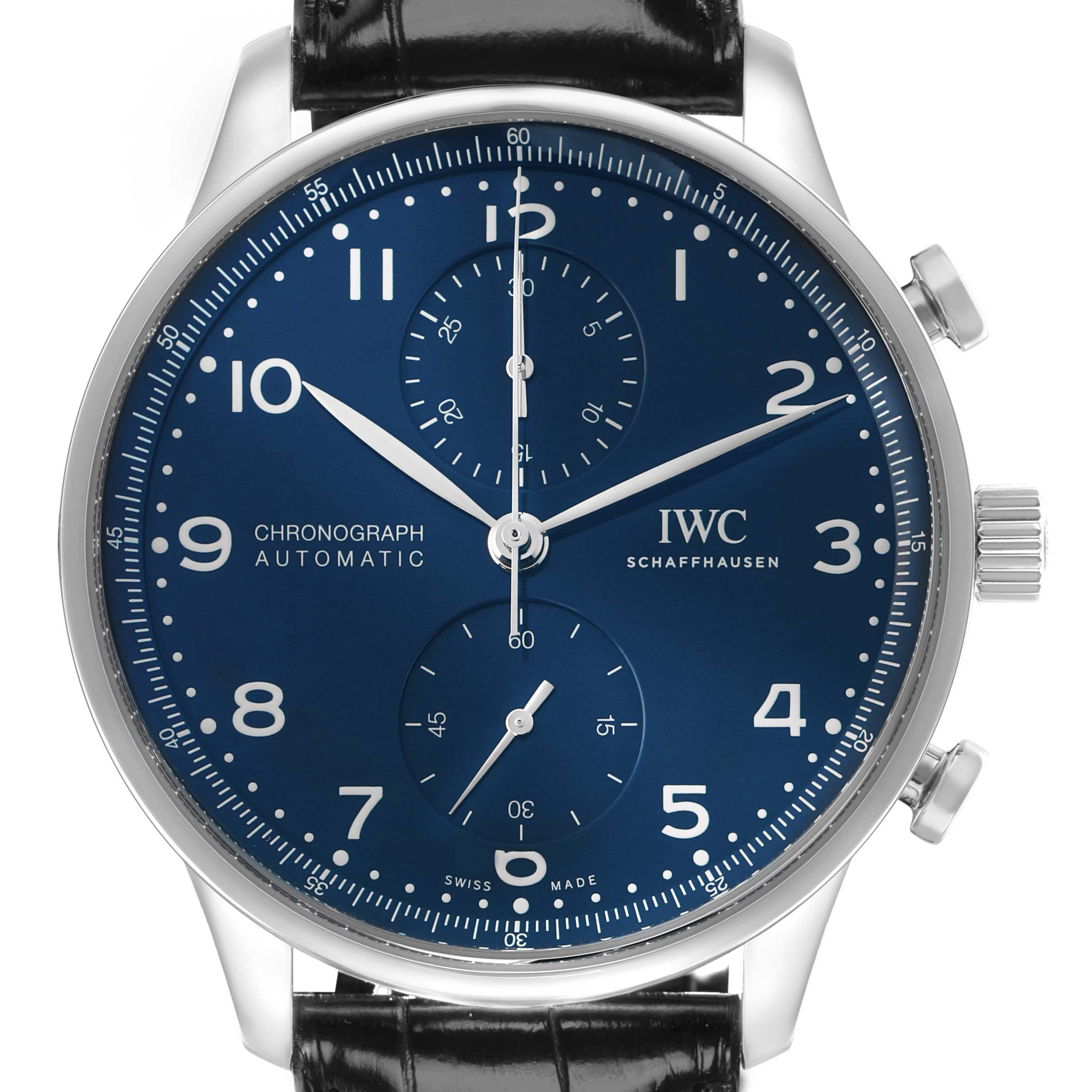 The IWC Portuguese IW371601 Men
s Stainless Steel Blue Dial model is shown from a front angle, displaying its blue dial, chronograph subdials, and black leather strap.