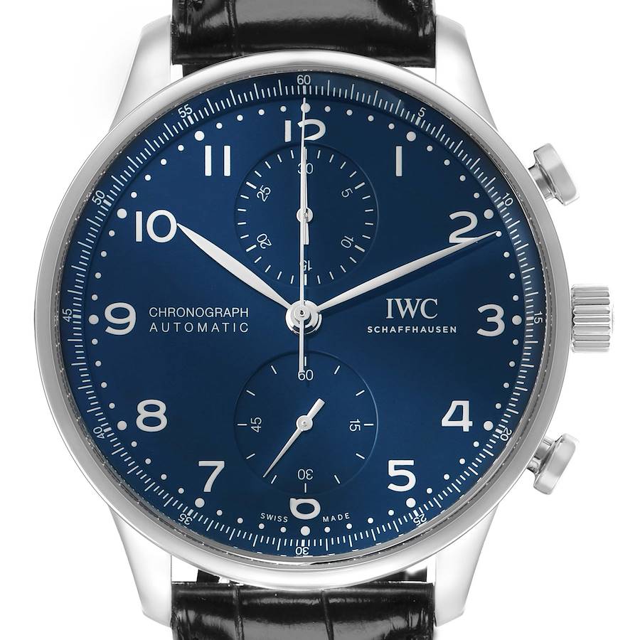 The IWC Portuguese IW371601 Men's Stainless Steel Blue Dial model is shown from a front angle, displaying its blue dial, chronograph subdials, and black leather strap.