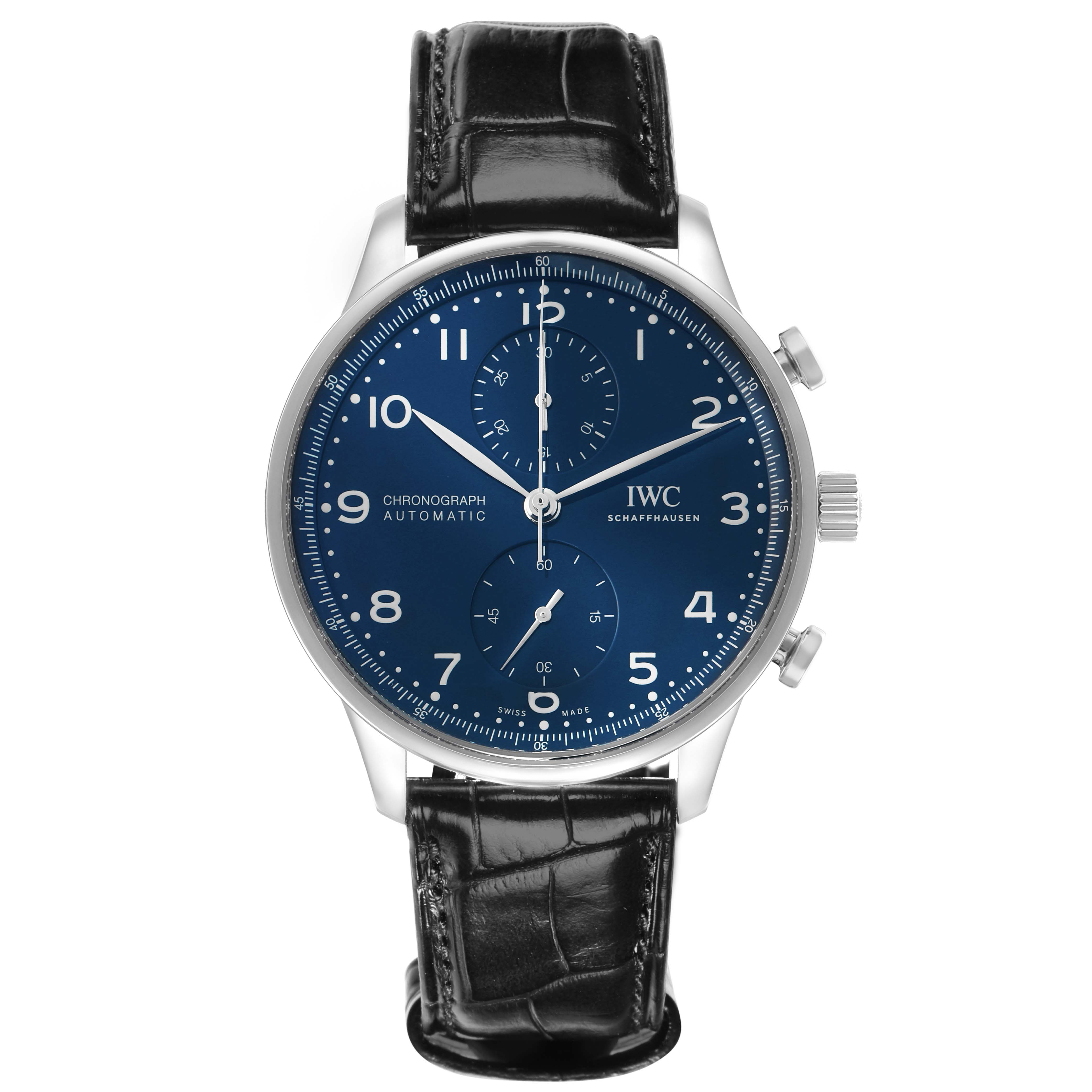 The IWC Portuguese IW371601 Men
s Stainless Steel Blue Dial watch is shown from the front, highlighting its blue dial, chronograph sub-dials, and black leather strap.