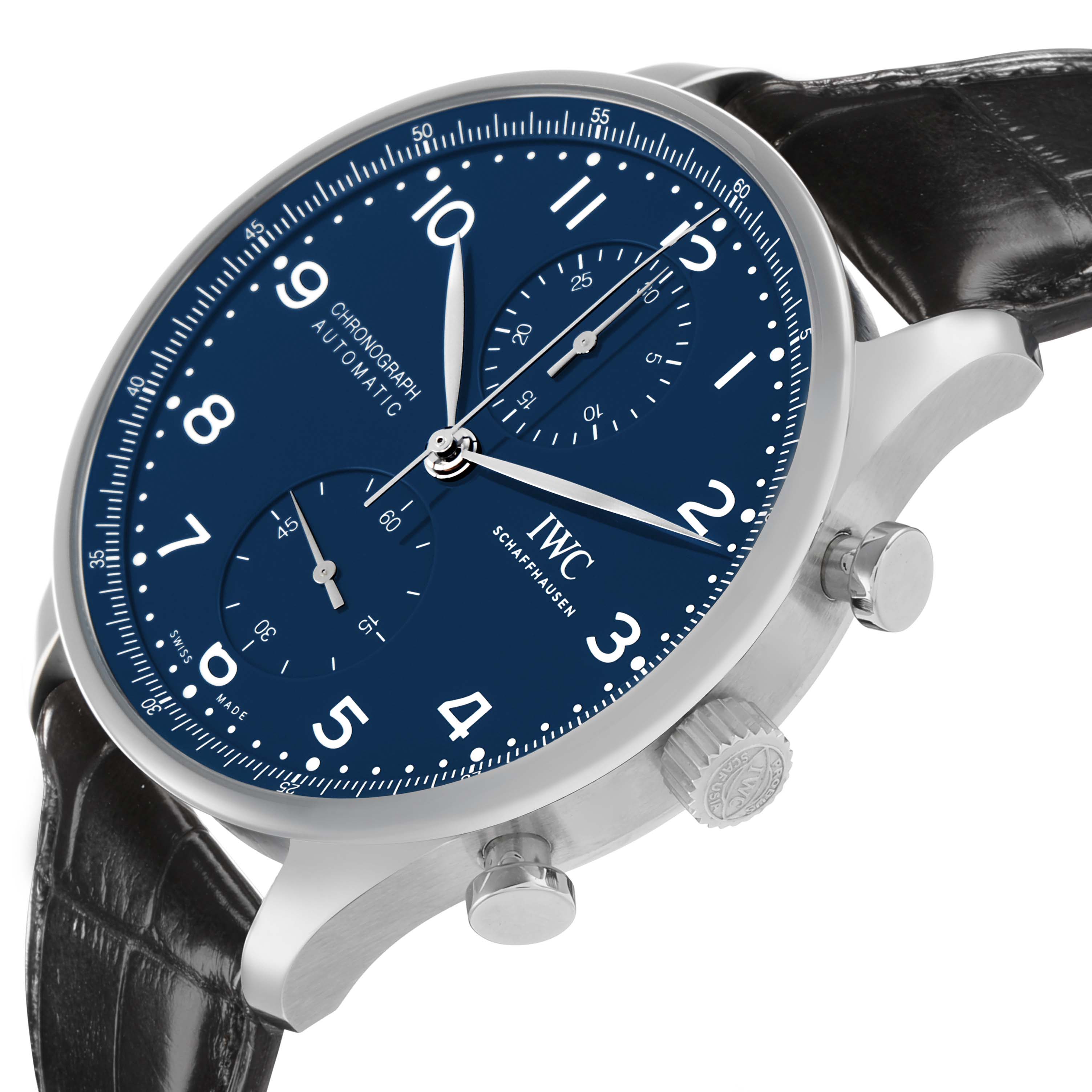 The IWC Portuguese IW371601 Men
s Stainless Steel Blue Dial watch is shown at a side angle, displaying the face, crown, and pushers.