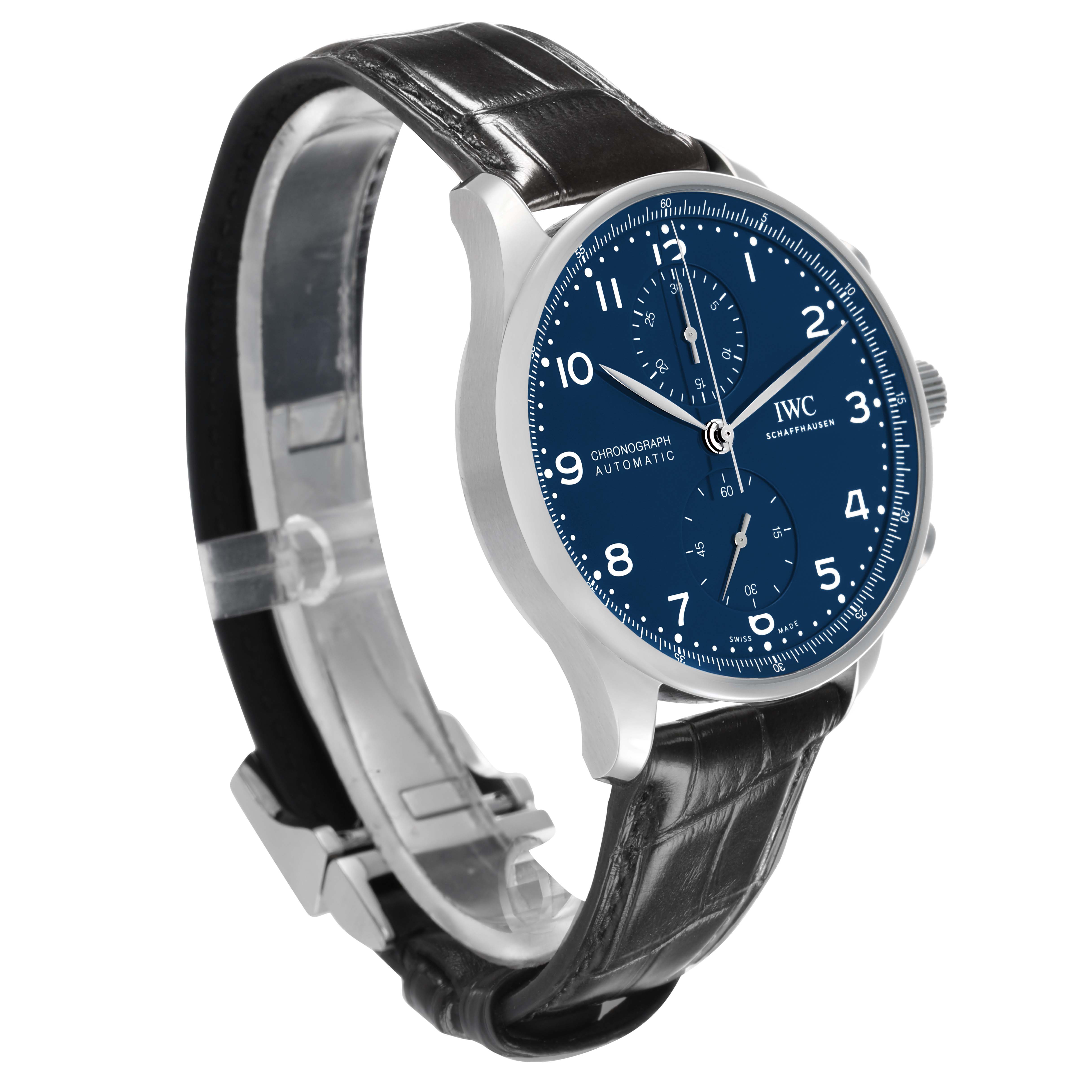 The IWC Portuguese IW371601 Men
s Stainless Steel Blue Dial watch is shown at a three-quarter angle, displaying the blue dial, chronograph subdials, and black leather strap.