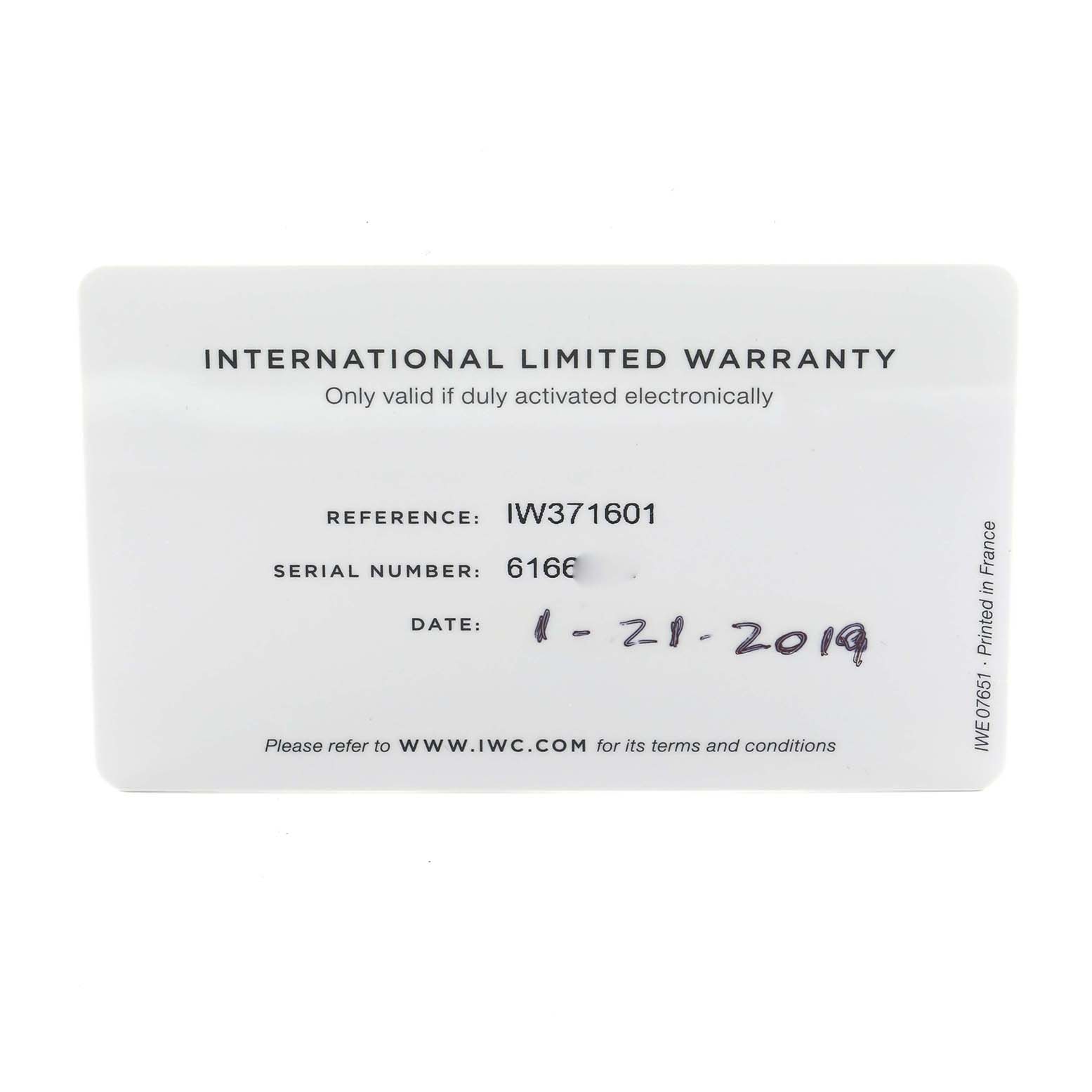 The image shows an IWC Portuguese IW371601 Men
s Stainless Steel Blue Dial International Limited Warranty card with reference, serial number, and date details.