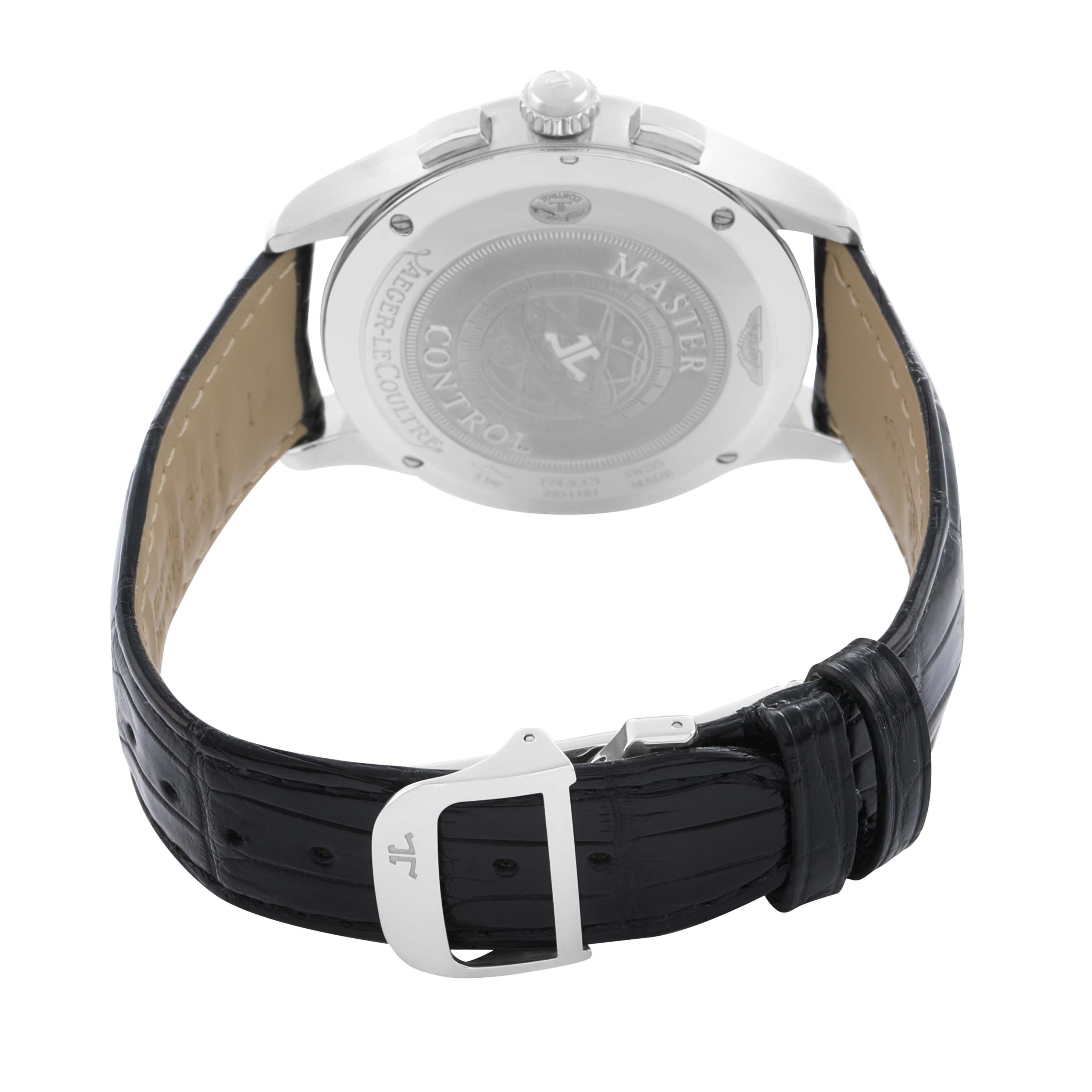 The image shows the back and side view of the Jaeger LeCoultre Master Q153847N Men
s Stainless Steel Black Dial model, featuring the case back and strap buckle.