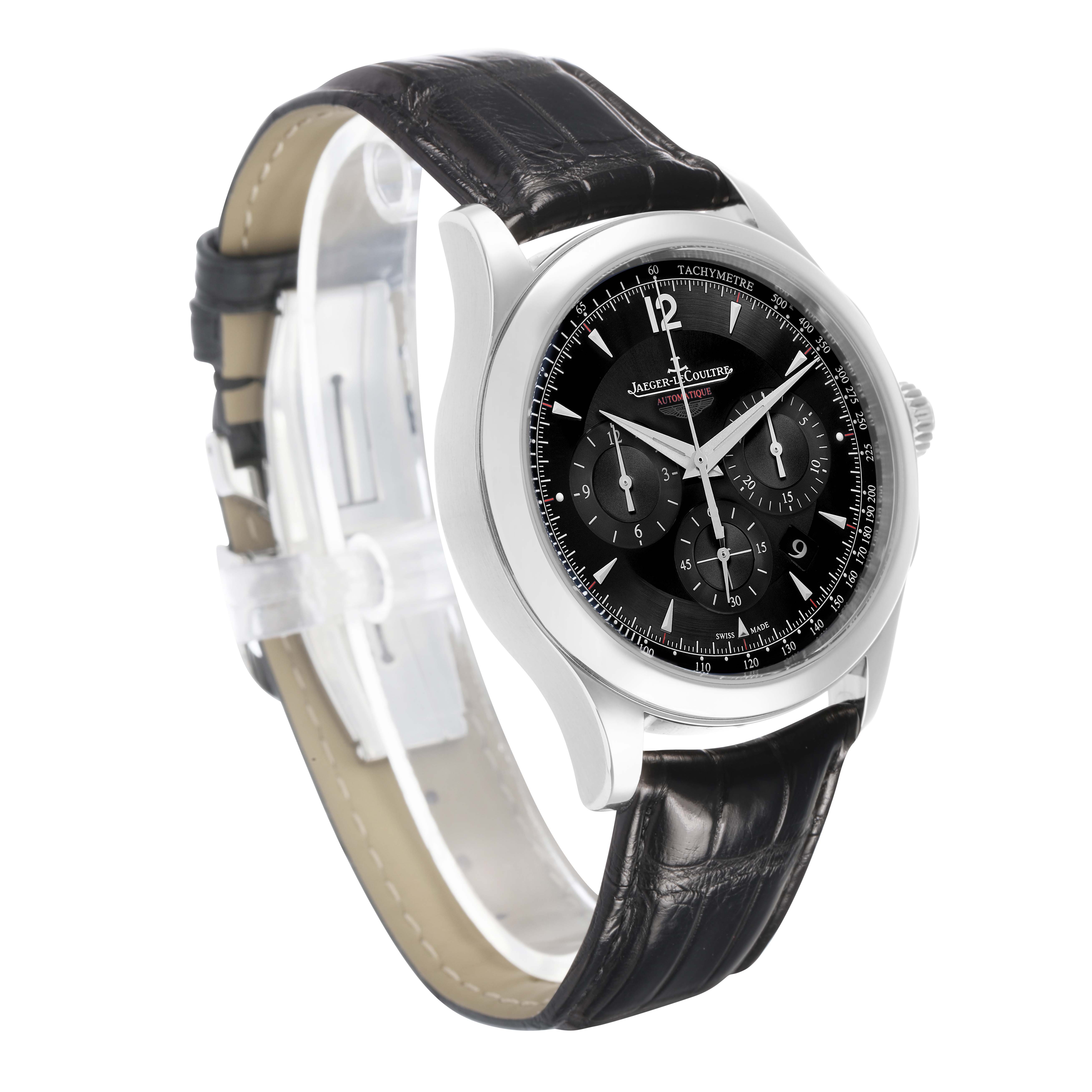The Jaeger-LeCoultre Master watch is shown at a three-quarter angle, displaying the black dial, case, and leather strap.